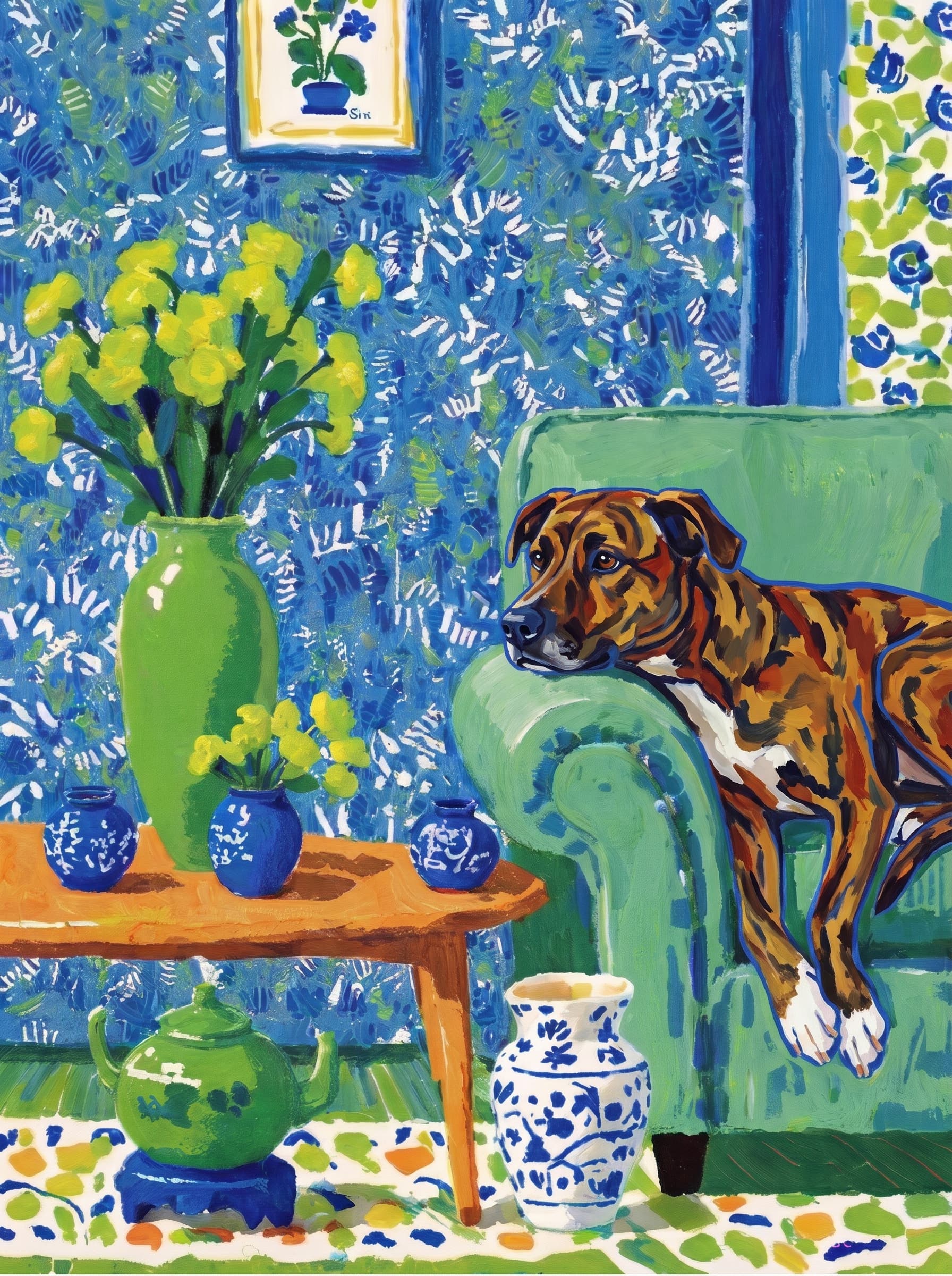 A pet lazy lying on the couch, with head tilt on the edge of couch, eye looking at the the vase. Art Style: Paint in Fauvism, post-impressionism style. Use simplified shapes, exaggerates color, and flattens perspective to create charm and personality.
Use saturated, non-naturalistic colors and flattened perspective reminiscent of Henri Matisse.
The brushwork is loose, visible, and painterly, with uneven strokes that give the surface texture and movement.
Paint with large areas of flat color patches, simplified shapes, bold decorative outlines, and minimal blending.
The composition is flattened and slightly distorted, with compressed perspective.
The painting is expressive, utilizing thick, confident strokes and quick, rhythmic marks that prioritize texture and visual energy over realistic blending or depth.