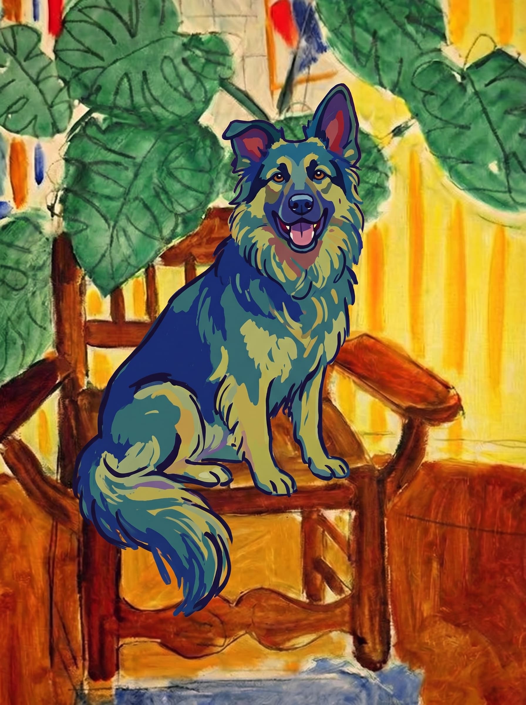 A pet sitting on a brown chair, looking at the viewer. Art Style: Paint in Fauvism, post-impressionism style. Use simplified shapes, exaggerates color, and flattens perspective to create charm and personality.
Use saturated, non-naturalistic colors and flattened perspective reminiscent of Henri Matisse.
The brushwork is loose, visible, and painterly, with uneven strokes that give the surface texture and movement.
Paint with large areas of flat color patches, simplified shapes, bold decorative outlines, and minimal blending.
The composition is flattened and slightly distorted, with compressed perspective.
The painting is expressive, utilizing thick, confident strokes and quick, rhythmic marks that prioritize texture and visual energy over realistic blending or depth.