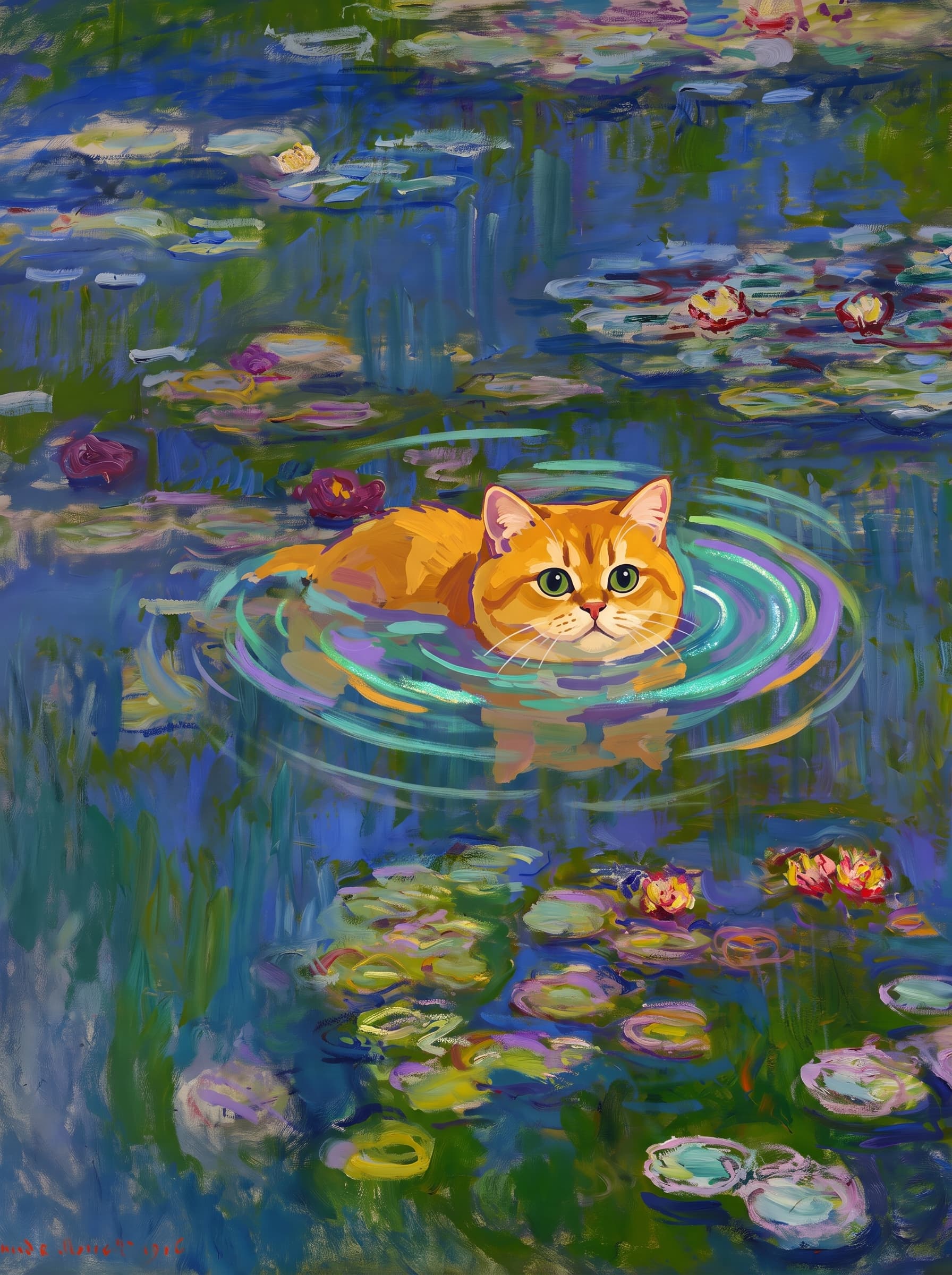 The pet should appear naturally integrated into the middle of the pond, swimming calmly through the water with only its head, upper neck, and a subtle suggestion of its back visible above the surface.
The pet should be facing forward and looking directly at the viewer. Its wet fur should be suggested through painterly strokes.
Blend the pet into the scene using Monet-like impressionist oil painting techniques: visible layered brushstrokes, soft broken color, blue-green reflections, violet shadows, golden-orange highlights, and shimmering ripples around the pet.
The water should partially obscure the pet’s body, with delicate circular ripples spreading outward. Nearby lily pads and water lilies should remain undisturbed but subtly interact with the ripples.
The pet must feel like it was originally painted into the artwork, not pasted on top. Match the atmospheric softness, painterly texture, scale, perspective, and color harmony of the original Water Lilies painting.
Avoid photorealism, sharp outlines, modern digital effects, or excessive detail. The final image should look like a whimsical impressionist oil painting in the spirit of late Monet, with the pet quietly swimming among the lily pads at the center of the pond.
Art Style: Paint in Fauvism, post-impressionism style. Use simplified shapes, exaggerates color, and flattens perspective to create charm and personality.
Use saturated, non-naturalistic colors and flattened perspective reminiscent of Henri Matisse.
The brushwork is loose, visible, and painterly, with uneven strokes that give the surface texture and movement.
Paint with large areas of flat color patches, simplified shapes, bold decorative outlines, and minimal blending.
The composition is flattened and slightly distorted, with compressed perspective.
The painting is expressive, utilizing thick, confident strokes and quick, rhythmic marks that prioritize texture and visual energy over realistic blending or depth.