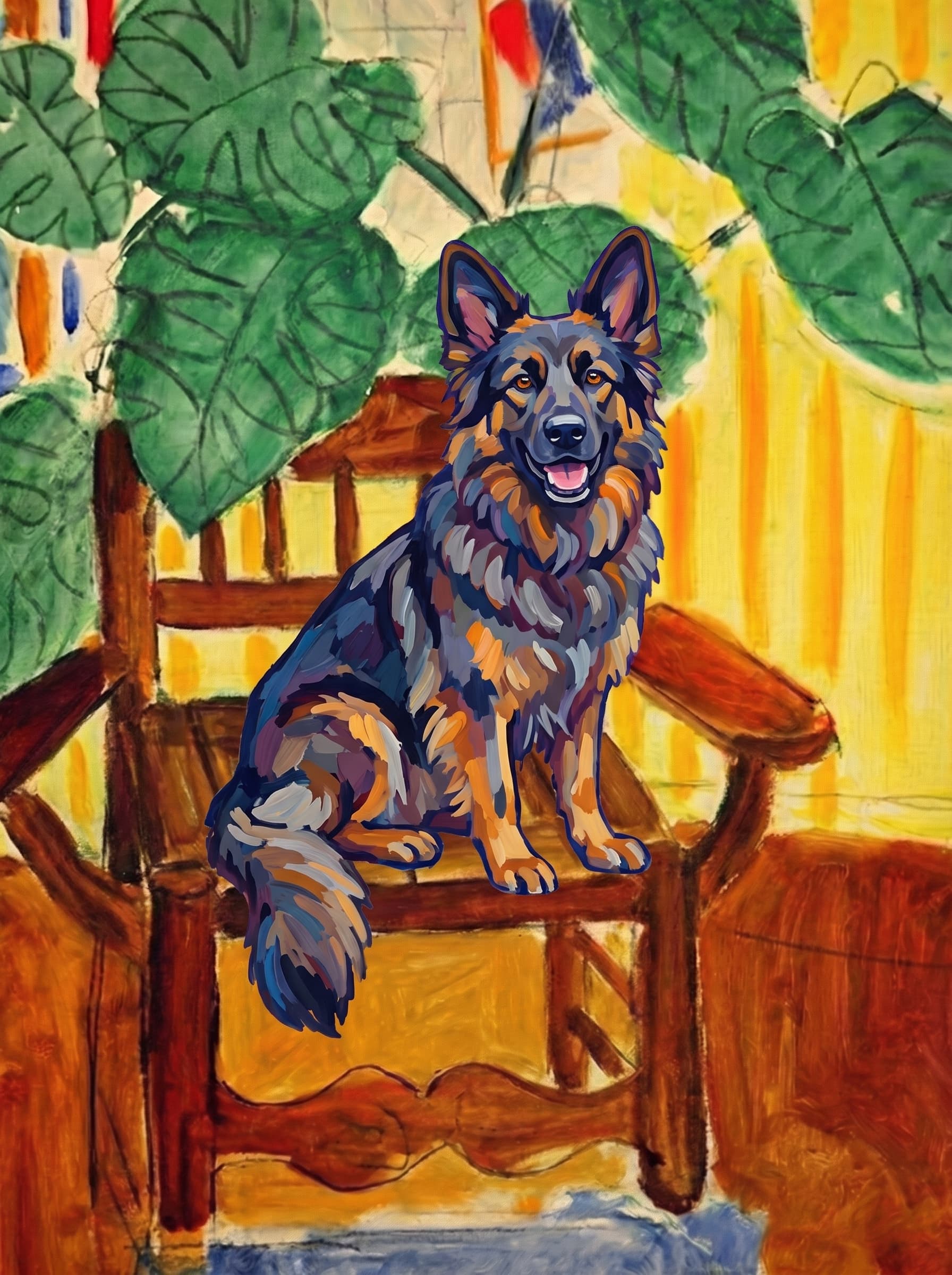A pet sitting on a brown chair, looking at the viewer. Art Style: Paint in Fauvism, post-impressionism style. Use simplified shapes, exaggerates color, and flattens perspective to create charm and personality.
Use saturated, non-naturalistic colors and flattened perspective reminiscent of Henri Matisse.
The brushwork is loose, visible, and painterly, with uneven strokes that give the surface texture and movement.
Paint with large areas of flat color patches, simplified shapes, bold decorative outlines, and minimal blending.
The composition is flattened and slightly distorted, with compressed perspective.
The painting is expressive, utilizing thick, confident strokes and quick, rhythmic marks that prioritize texture and visual energy over realistic blending or depth.