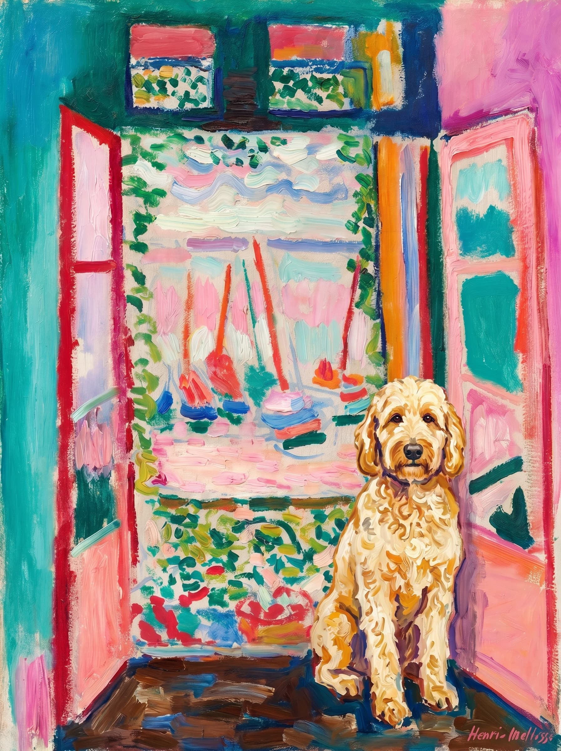 A pet sitting on the right bottom frame of an open door, with its back to the opening while facing the room, looking at the viewer, slight leaning on the right-side door panel. Paint in post-impressionism style. Use loosely painted, vibrantly colored, stylized, vertical painting.