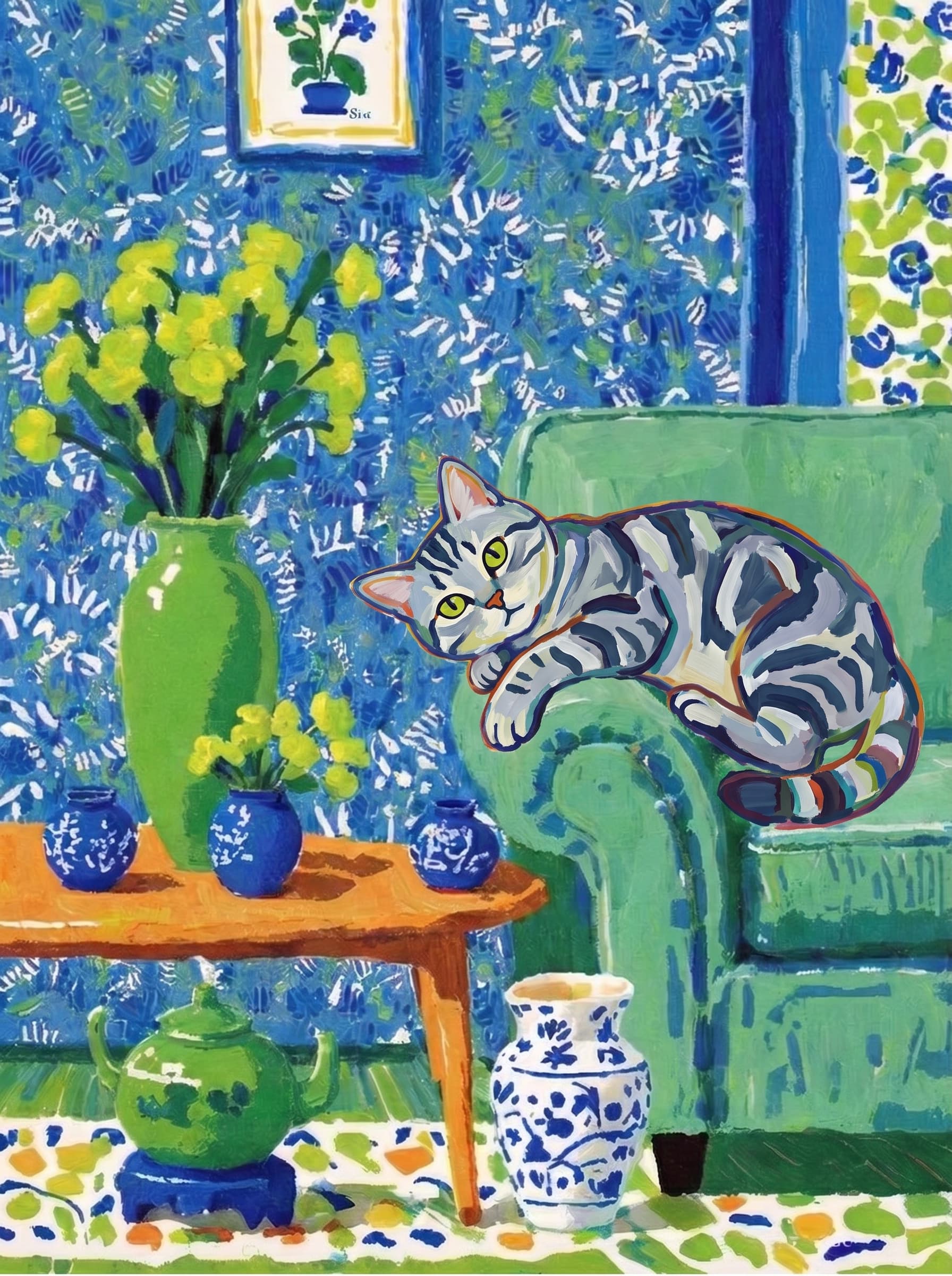 A pet lazy lying on the couch, with head tilt on the edge of couch, eye looking at the the vase. Art Style: Paint in Fauvism, post-impressionism style. Use simplified shapes, exaggerates color, and flattens perspective to create charm and personality.
Use saturated, non-naturalistic colors and flattened perspective reminiscent of Henri Matisse.
The brushwork is loose, visible, and painterly, with uneven strokes that give the surface texture and movement.
Paint with large areas of flat color patches, simplified shapes, bold decorative outlines, and minimal blending.
The composition is flattened and slightly distorted, with compressed perspective.
The painting is expressive, utilizing thick, confident strokes and quick, rhythmic marks that prioritize texture and visual energy over realistic blending or depth.