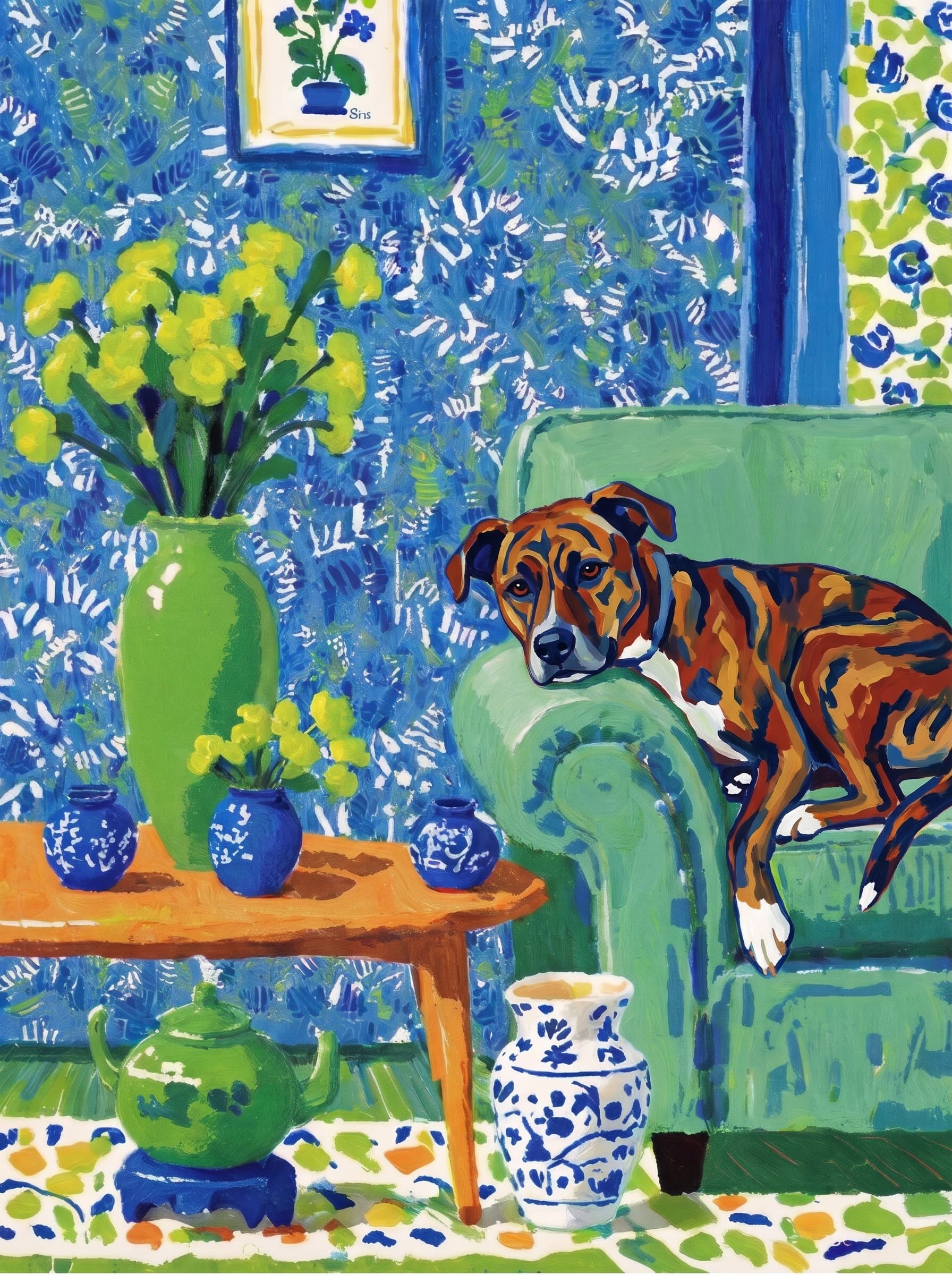 A pet lazy lying on the couch, with head tilt on the edge of couch, eye looking at the the vase. Art Style: Paint in Fauvism, post-impressionism style. Use simplified shapes, exaggerates color, and flattens perspective to create charm and personality.
Use saturated, non-naturalistic colors and flattened perspective reminiscent of Henri Matisse.
The brushwork is loose, visible, and painterly, with uneven strokes that give the surface texture and movement.
Paint with large areas of flat color patches, simplified shapes, bold decorative outlines, and minimal blending.
The composition is flattened and slightly distorted, with compressed perspective.
The painting is expressive, utilizing thick, confident strokes and quick, rhythmic marks that prioritize texture and visual energy over realistic blending or depth.
