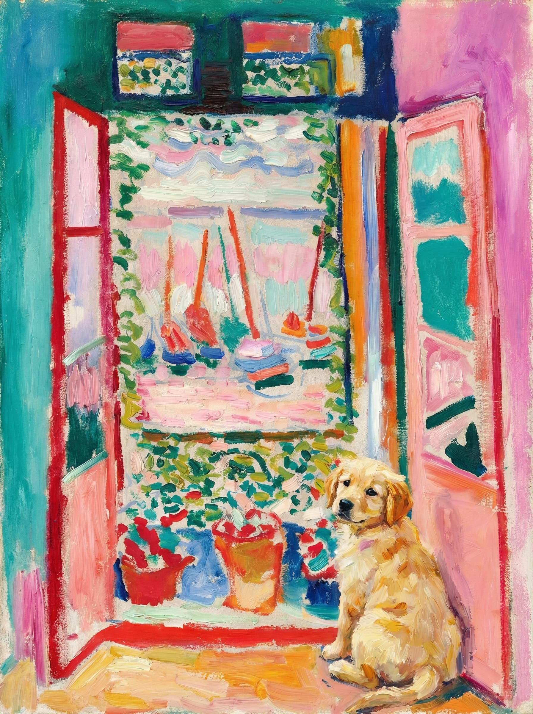 A pet sitting on the right bottom frame of an open door, with its back to the opening while facing the room, looking at the viewer, slight leaning on the right-side door panel. Paint in post-impressionism style. Use loosely painted, vibrantly colored, stylized, vertical painting.