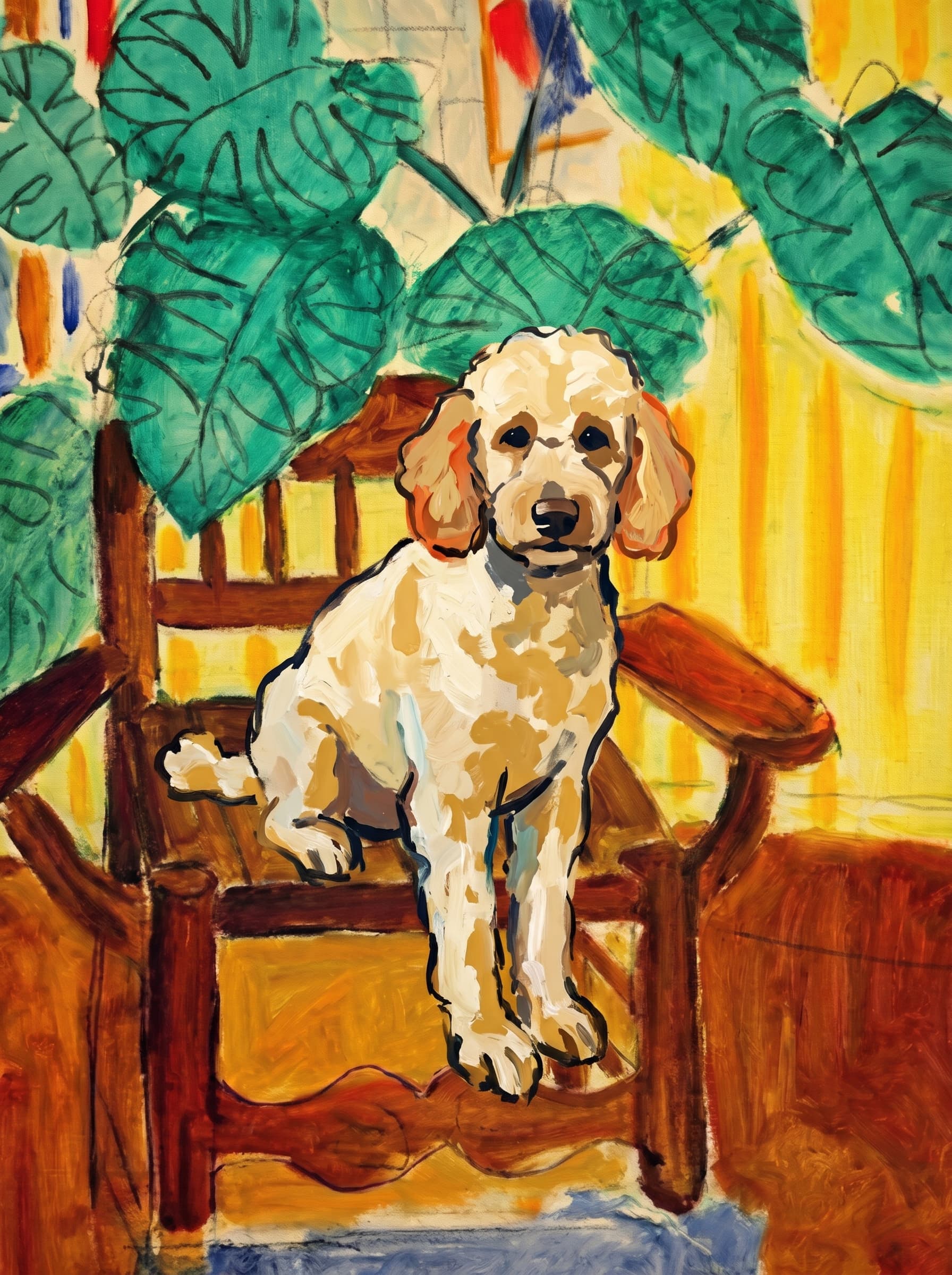 A pet sitting on a brown chair, looking at the viewer. Art Style: Paint in Fauvism, post-impressionism style. Use simplified shapes, exaggerates color, and flattens perspective to create charm and personality.
Use saturated, non-naturalistic colors and flattened perspective reminiscent of Henri Matisse.
The brushwork is loose, visible, and painterly, with uneven strokes that give the surface texture and movement.
Paint with large areas of flat color patches, simplified shapes, bold decorative outlines, and minimal blending.
The composition is flattened and slightly distorted, with compressed perspective.
The painting is expressive, utilizing thick, confident strokes and quick, rhythmic marks that prioritize texture and visual energy over realistic blending or depth.
