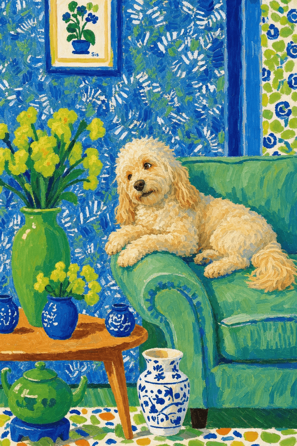A pet lazy lying on the couch, with head tilt on the edge of couch, eye looking at the the vase. paint in post-impressionism style. Use saturated, non-naturalistic colors and flattened perspective reminiscent of Henri Matisse. painterly and expressive, utilizing thick, confident strokes and quick, rhythmic marks that prioritize texture and visual energy over realistic blending or depth.