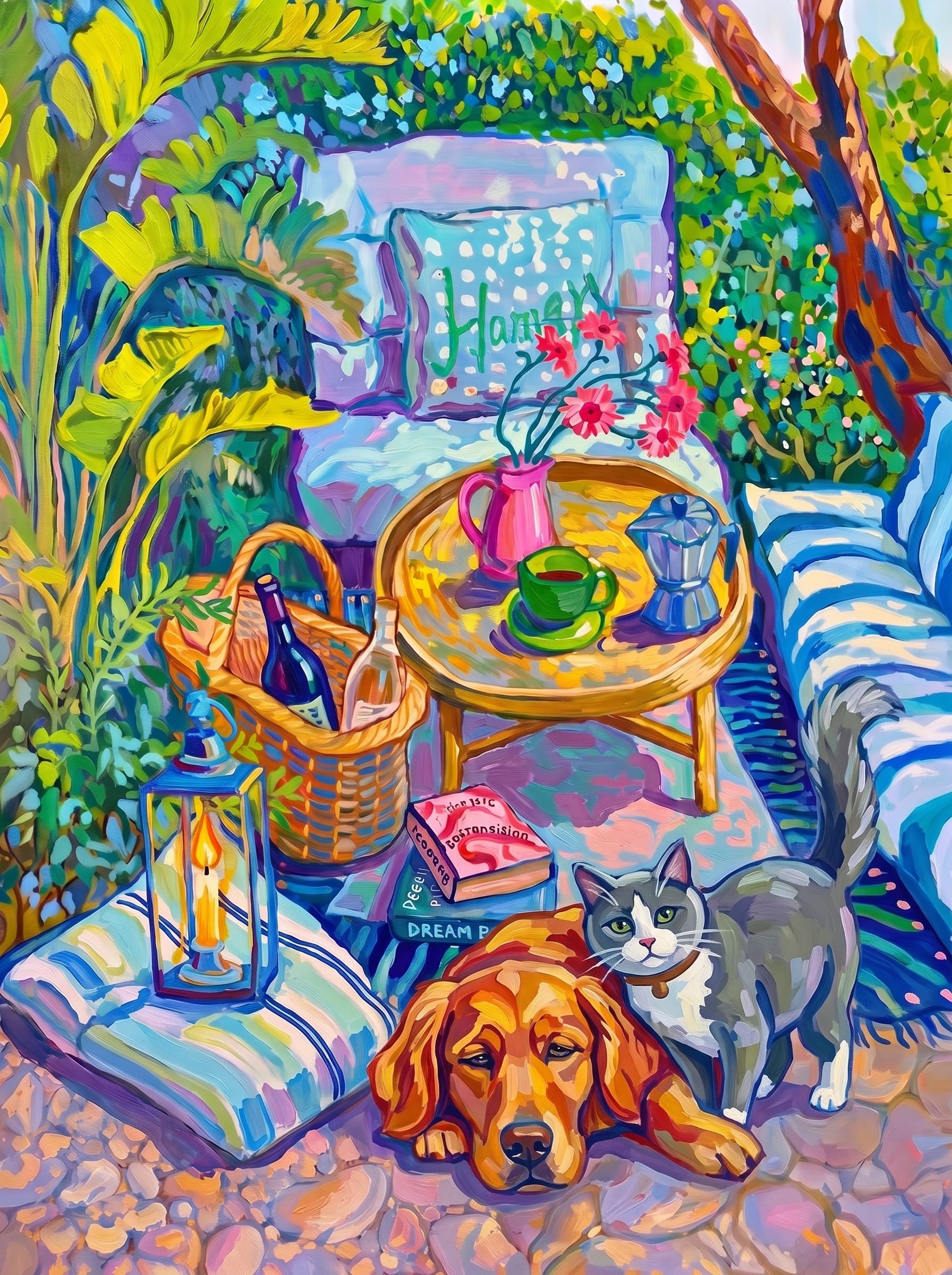 a cozy garden patio filled with lush tropical greenery, blue-and-white striped cushions, a round rattan table, picnic basket, lantern, books, flowers.
The pet is lazily resting in the foreground, almost fall asleep with a relaxed and content expression.
The composition feels intimate and inviting, with foliage and a tree trunk framing the scene, the circular table anchoring the center, and expressive brushwork plus dappled light creating a lively, relaxed outdoor atmosphere.
Art Style: Paint in Fauvism, post-impressionism style. Use simplified shapes, exaggerates color, and flattens perspective to create charm and personality.
Use saturated, non-naturalistic colors and flattened perspective reminiscent of Henri Matisse.
The brushwork is loose, visible, and painterly, with uneven strokes that give the surface texture and movement.
Paint with large areas of flat color patches, simplified shapes, bold decorative outlines, and minimal blending.
The composition is flattened and slightly distorted, with compressed perspective.
The painting is expressive, utilizing thick, confident strokes and quick, rhythmic marks that prioritize texture and visual energy over realistic blending or depth.
