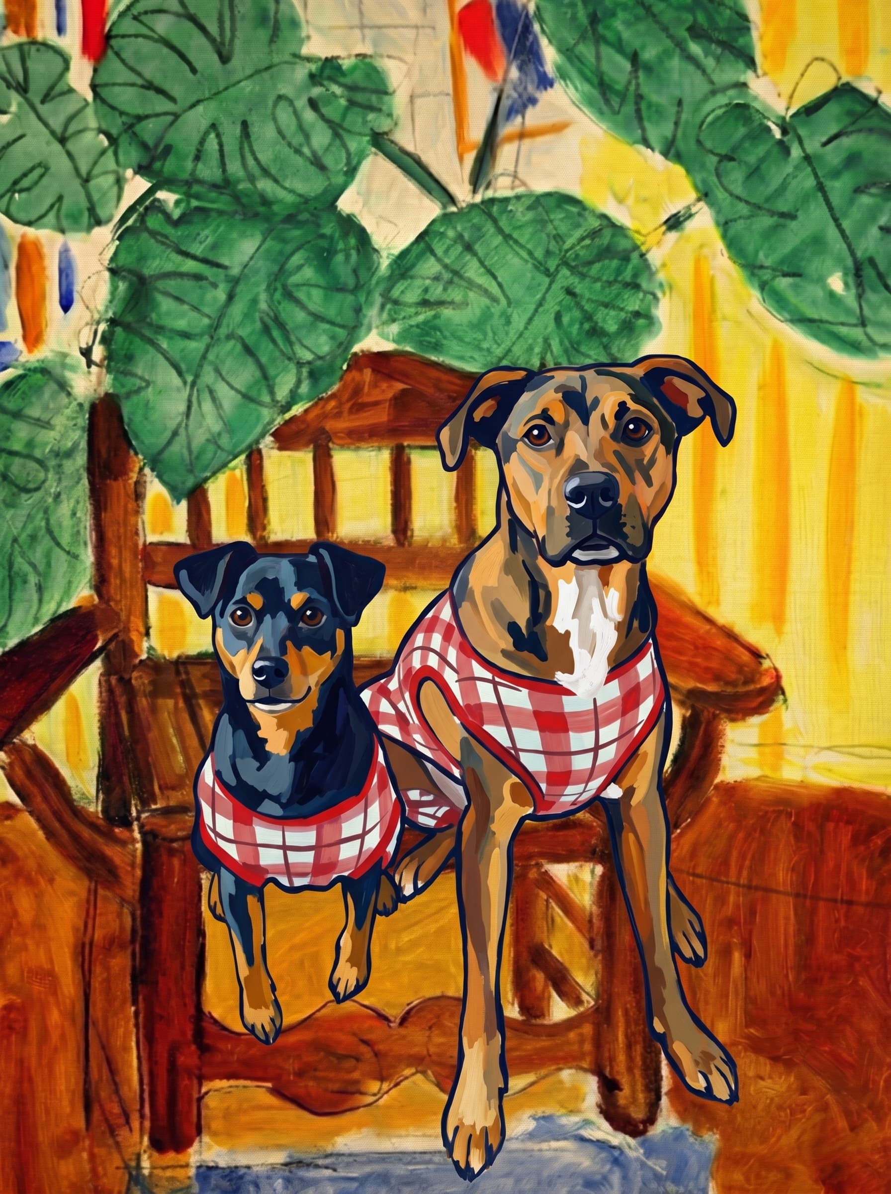 A pet sitting on a brown chair, looking at the viewer. Art Style: Paint in Fauvism, post-impressionism style. Use simplified shapes, exaggerates color, and flattens perspective to create charm and personality.
Use saturated, non-naturalistic colors and flattened perspective reminiscent of Henri Matisse.
The brushwork is loose, visible, and painterly, with uneven strokes that give the surface texture and movement.
Paint with large areas of flat color patches, simplified shapes, bold decorative outlines, and minimal blending.
The composition is flattened and slightly distorted, with compressed perspective.
The painting is expressive, utilizing thick, confident strokes and quick, rhythmic marks that prioritize texture and visual energy over realistic blending or depth.