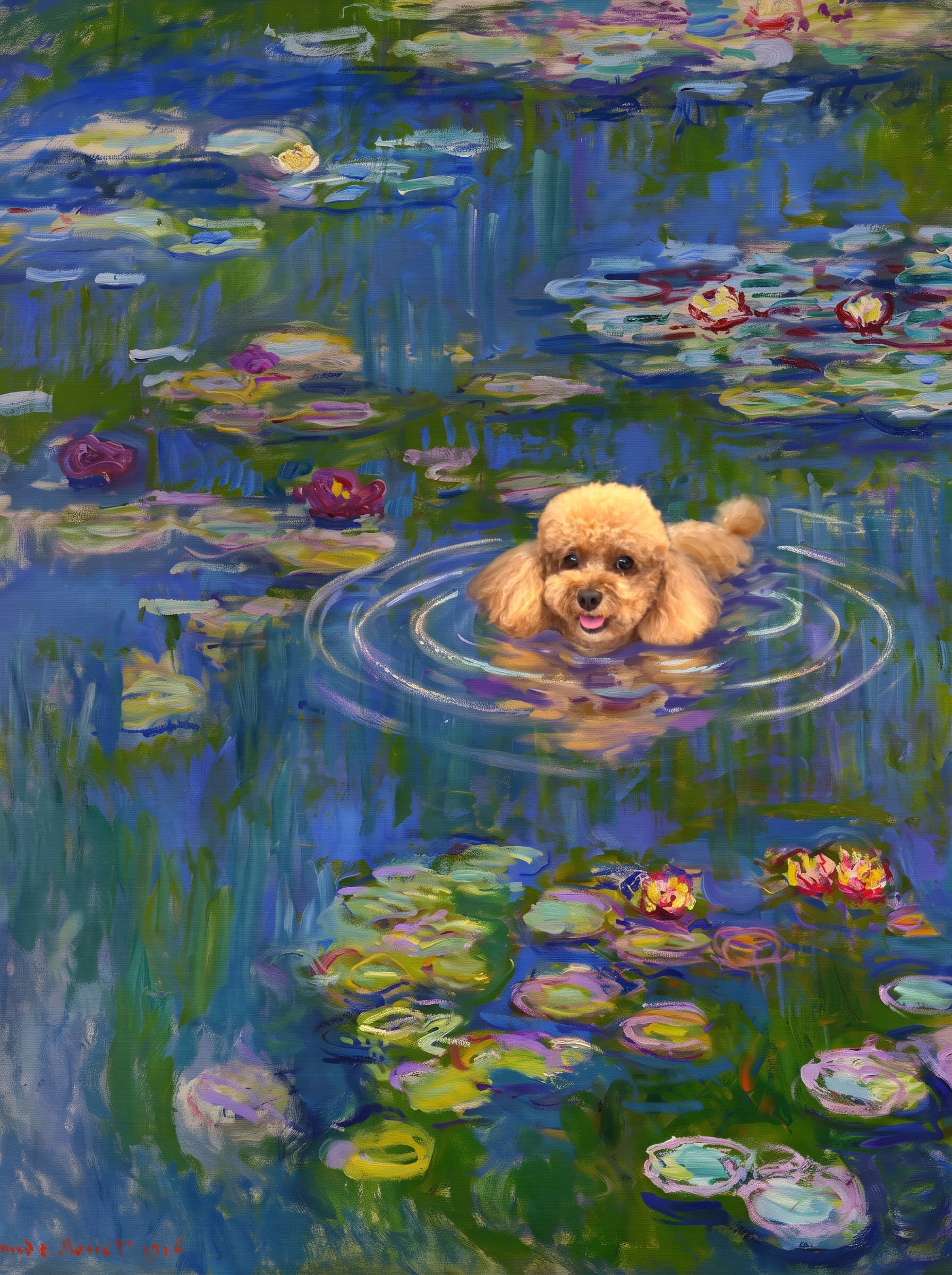 The pet should appear naturally integrated into the middle of the pond, swimming calmly through the water with only its head, upper neck, and a subtle suggestion of its back visible above the surface.
The pet should be facing forward and looking directly at the viewer. Its wet fur should be suggested through painterly strokes.
Blend the pet into the scene using Monet-like impressionist oil painting techniques: visible layered brushstrokes, soft broken color, blue-green reflections, violet shadows, golden-orange highlights, and shimmering ripples around the pet.
The water should partially obscure the pet’s body, with delicate circular ripples spreading outward. Nearby lily pads and water lilies should remain undisturbed but subtly interact with the ripples.
The pet must feel like it was originally painted into the artwork, not pasted on top. Match the atmospheric softness, painterly texture, scale, perspective, and color harmony of the original Water Lilies painting.
Avoid photorealism, sharp outlines, modern digital effects, or excessive detail. The final image should look like a whimsical impressionist oil painting in the spirit of late Monet, with the pet quietly swimming among the lily pads at the center of the pond.
Art Style: Paint in Fauvism, post-impressionism style. Use simplified shapes, exaggerates color, and flattens perspective to create charm and personality.
Use saturated, non-naturalistic colors and flattened perspective reminiscent of Henri Matisse.
The brushwork is loose, visible, and painterly, with uneven strokes that give the surface texture and movement.
Paint with large areas of flat color patches, simplified shapes, bold decorative outlines, and minimal blending.
The composition is flattened and slightly distorted, with compressed perspective.
The painting is expressive, utilizing thick, confident strokes and quick, rhythmic marks that prioritize texture and visual energy over realistic blending or depth.
