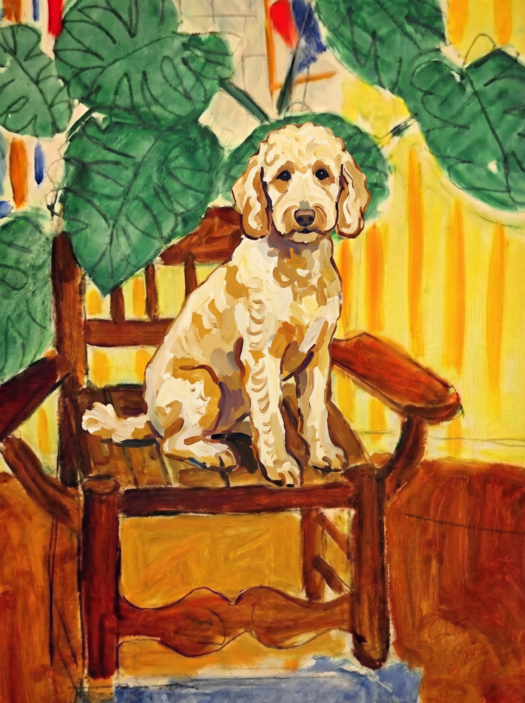 A pet sitting on a brown chair, looking at the viewer. Art Style: Paint in Fauvism, post-impressionism style. Use simplified shapes, exaggerates color, and flattens perspective to create charm and personality.
Use saturated, non-naturalistic colors and flattened perspective reminiscent of Henri Matisse.
The brushwork is loose, visible, and painterly, with uneven strokes that give the surface texture and movement.
Paint with large areas of flat color patches, simplified shapes, bold decorative outlines, and minimal blending.
The composition is flattened and slightly distorted, with compressed perspective.
The painting is expressive, utilizing thick, confident strokes and quick, rhythmic marks that prioritize texture and visual energy over realistic blending or depth.