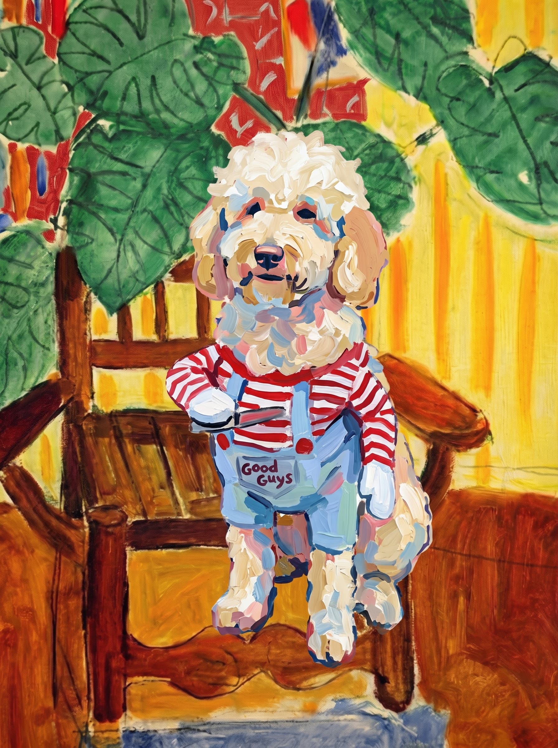 A pet sitting on a brown chair, looking at the viewer. Art Style: Paint in Fauvism, post-impressionism style. Use simplified shapes, exaggerates color, and flattens perspective to create charm and personality.
Use saturated, non-naturalistic colors and flattened perspective reminiscent of Henri Matisse.
The brushwork is loose, visible, and painterly, with uneven strokes that give the surface texture and movement.
Paint with large areas of flat color patches, simplified shapes, bold decorative outlines, and minimal blending.
The composition is flattened and slightly distorted, with compressed perspective.
The painting is expressive, utilizing thick, confident strokes and quick, rhythmic marks that prioritize texture and visual energy over realistic blending or depth.