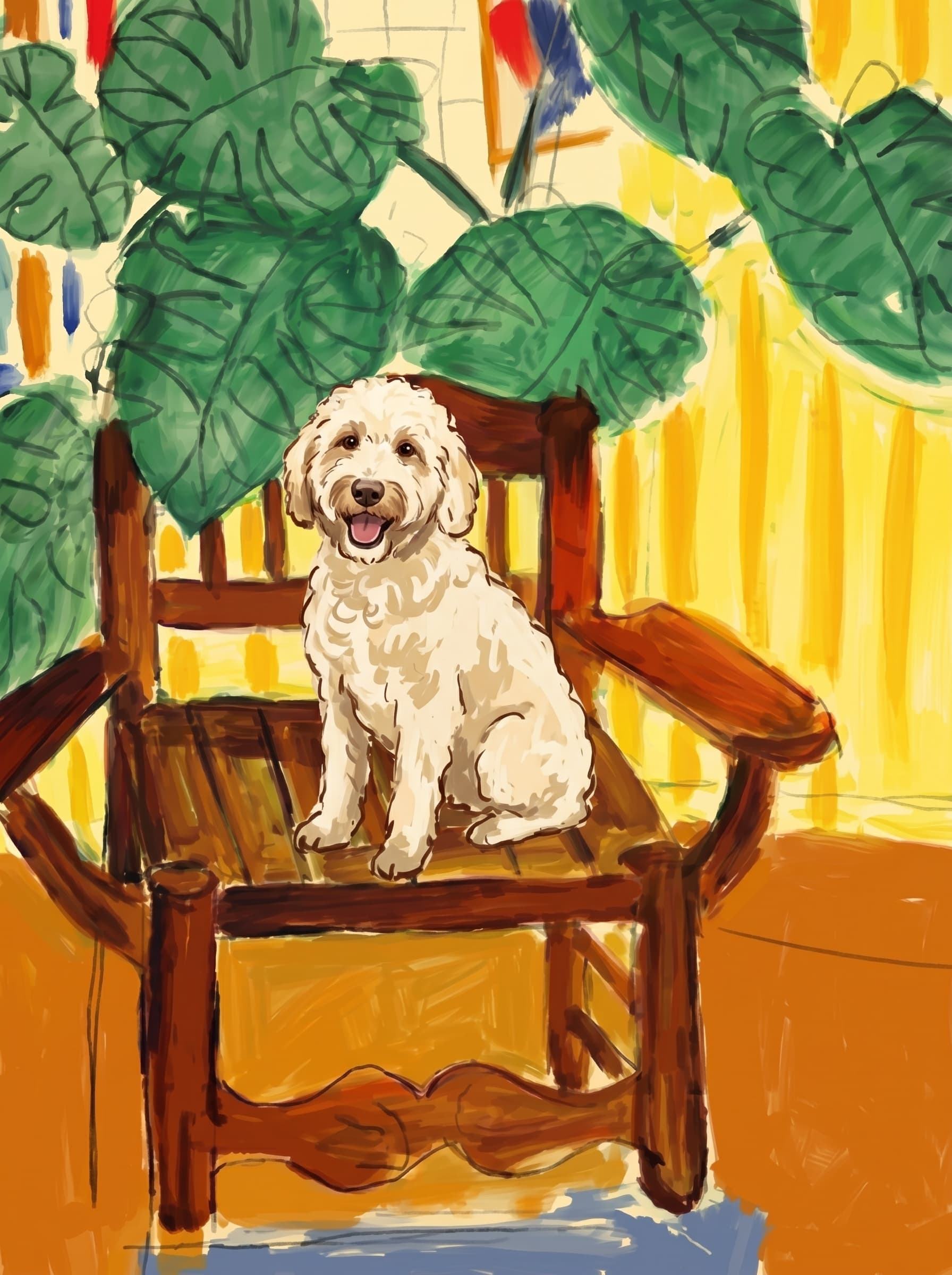 A pet sitting on a brown chair, looking at the viewer. Colors are applied with minimal blending, creating a flat, illustrative feel. The brushwork is broad, rapid, and direct. Strokes are loose, visible, applied thinly, defining the forms quickly without building up significant physical texture or impasto on the surface.