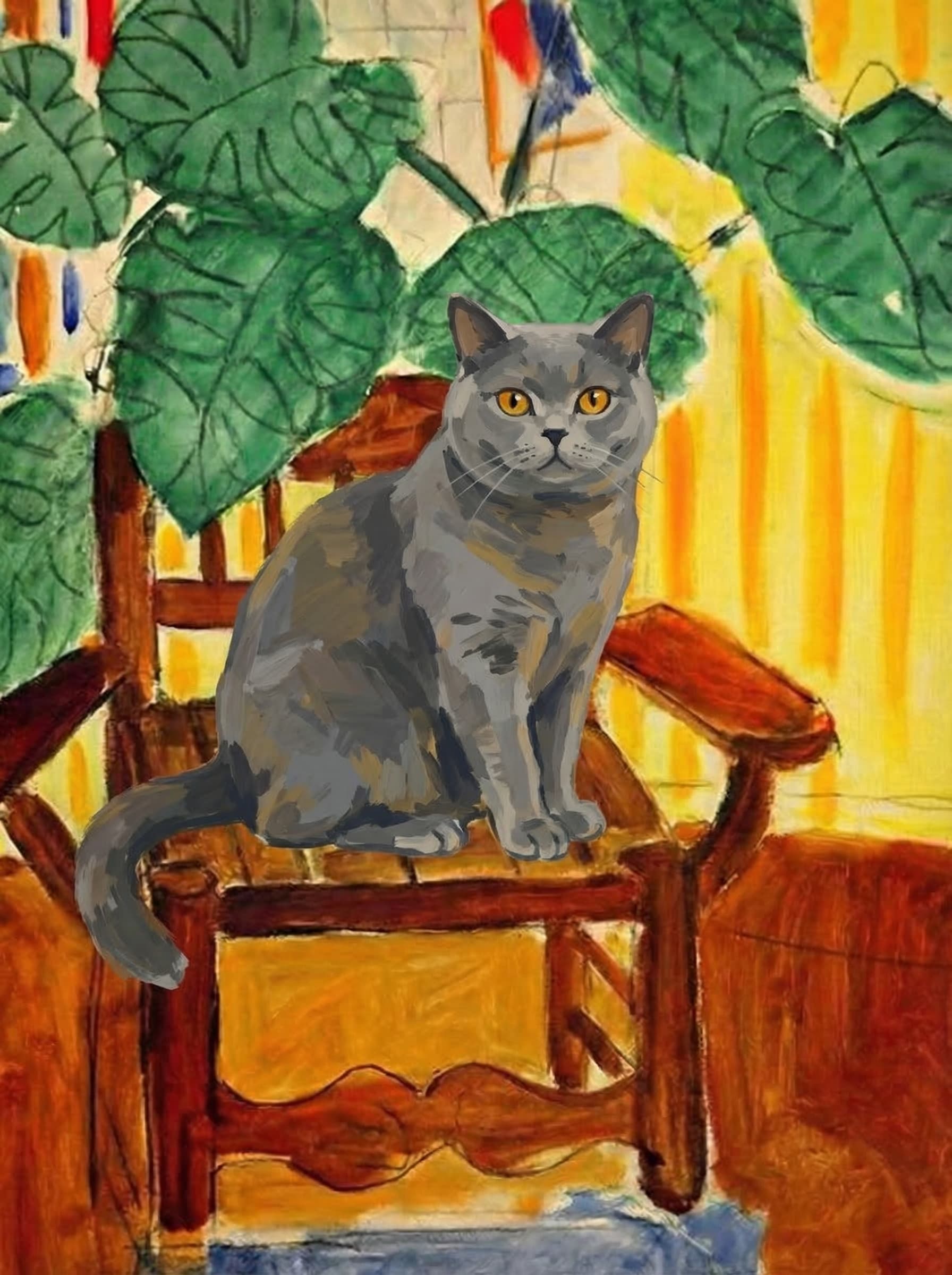 A pet sitting on a brown chair, looking at the viewer. Colors are applied with minimal blending, creating a flat, illustrative feel. The brushwork is broad, rapid, and direct. Strokes are loose, visible, applied thinly, defining the forms quickly without building up significant physical texture or impasto on the surface.