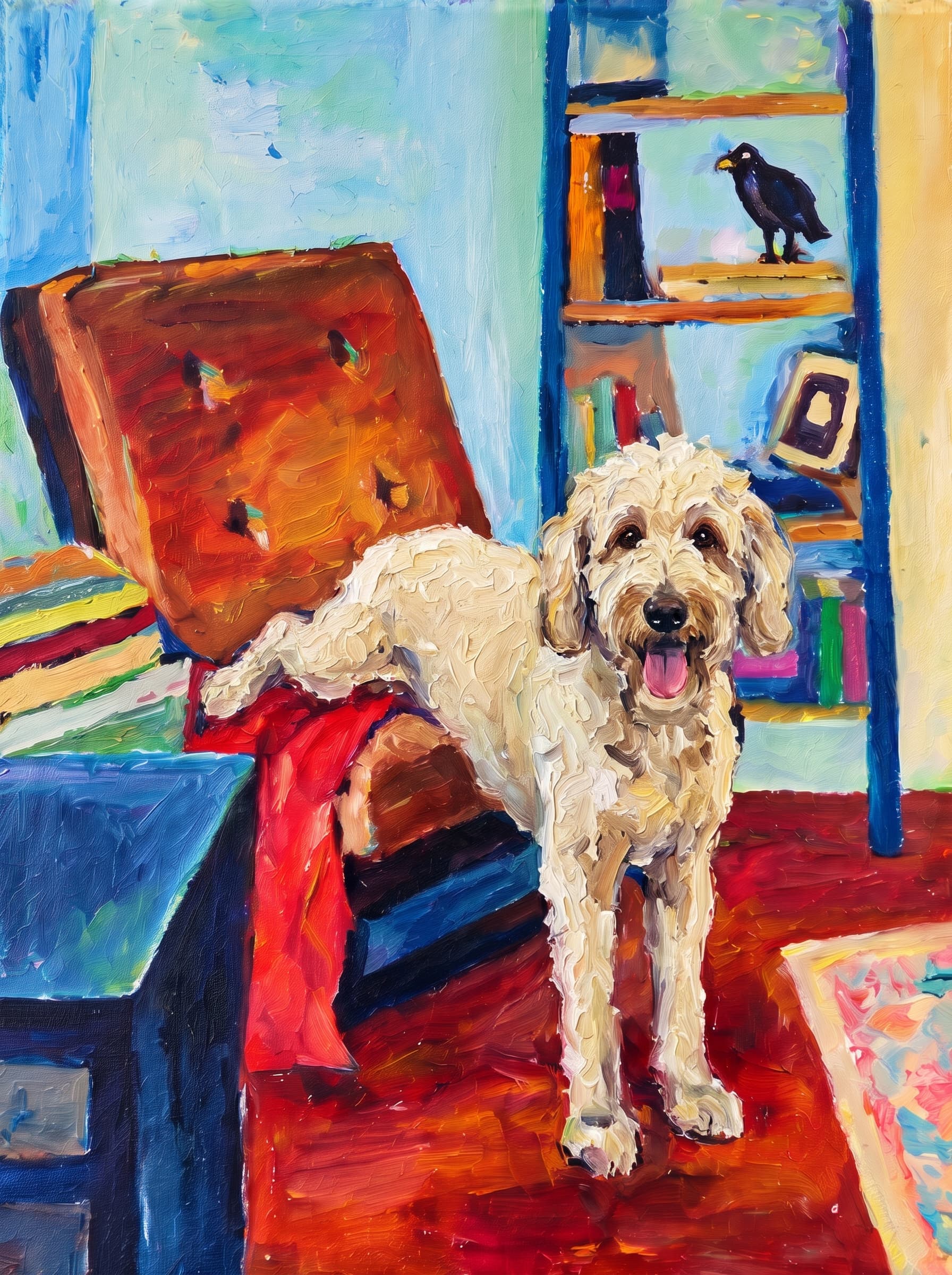 An oil painting in an Impressionist impasto style depicts a warm, cozy indoor space centered around a large, reclined armchair featuring a brown tufted cushion and a vivid red blanket draped across its seat.
Behind the chair stands a rich blue bookshelf adorned with colorful books, a picture frame, and a dark bird figurine perched on the top shelf.
To the left, a matching blue side table holds stacked books, while the room's floor glows in deep mahogany and amber hues alongside a patterned pastel rug.
The vibrant composition is completed by a background of soft turquoise, sky blue, and buttery yellow wall tones, all rendered with thick, visible brushstrokes that lend a lively texture to the scene.
The pet is standing upright on its two front legs, which rest on the dark reddish floor in the foreground. Its rear legs and body are elevated, resting on the seat of the brown reclined armchair, draped over the red blanket.
Paint the pet with the same thick impasto brushstrokes and vivid palette as the rest of the painting.