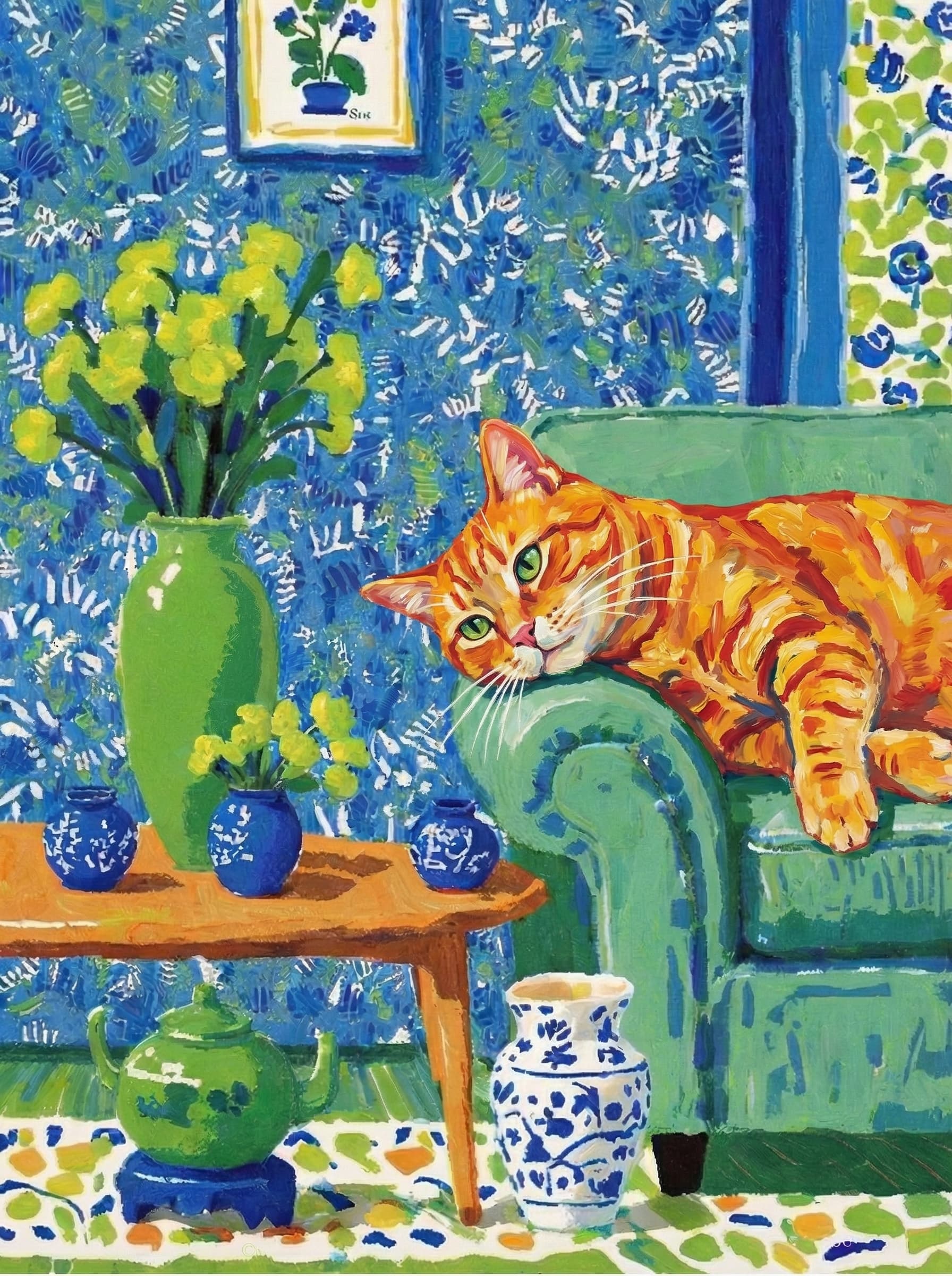 A pet lazy lying on the couch, with head tilt on the edge of couch, eye looking at the the vase. paint in post-impressionism style. Use saturated, non-naturalistic colors and flattened perspective reminiscent of Henri Matisse. painterly and expressive, utilizing thick, confident strokes and quick, rhythmic marks that prioritize texture and visual energy over realistic blending or depth.