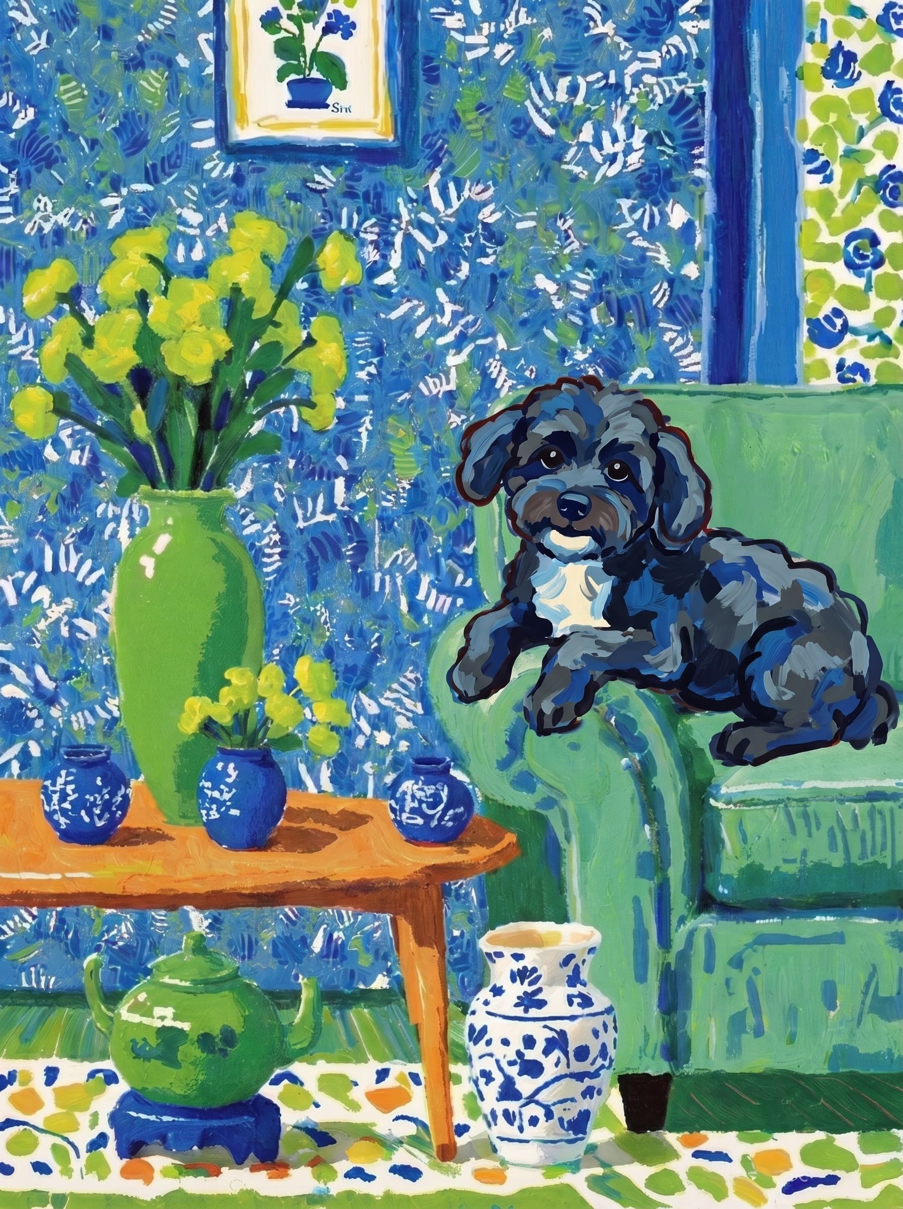 A pet lazy lying on the couch, with head tilt on the edge of couch, eye looking at the the vase. Art Style: Paint in Fauvism, post-impressionism style. Use simplified shapes, exaggerates color, and flattens perspective to create charm and personality.
Use saturated, non-naturalistic colors and flattened perspective reminiscent of Henri Matisse.
The brushwork is loose, visible, and painterly, with uneven strokes that give the surface texture and movement.
Paint with large areas of flat color patches, simplified shapes, bold decorative outlines, and minimal blending.
The composition is flattened and slightly distorted, with compressed perspective.
The painting is expressive, utilizing thick, confident strokes and quick, rhythmic marks that prioritize texture and visual energy over realistic blending or depth.