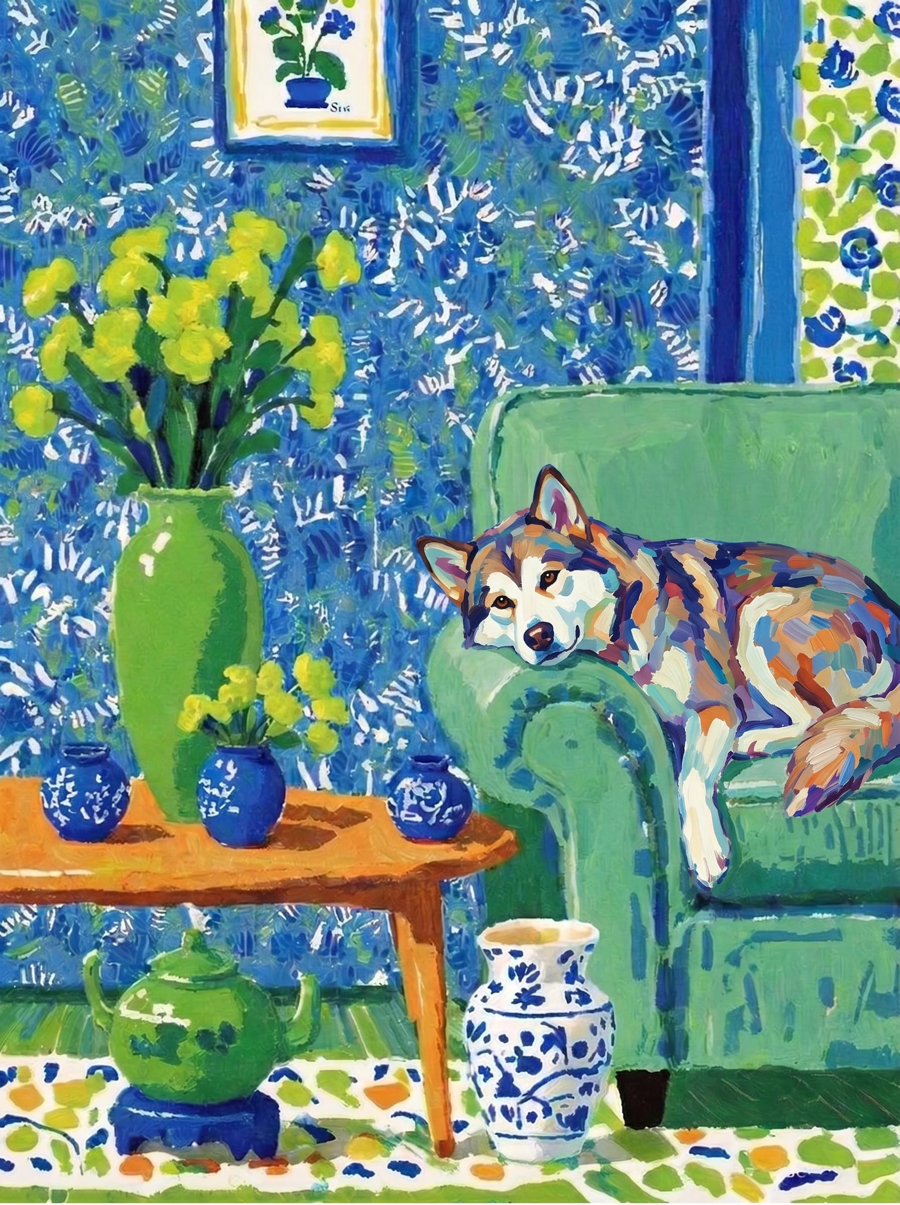 A pet lazy lying on the couch, with head tilt on the edge of couch, eye looking at the the vase. paint in post-impressionism style. Use saturated, non-naturalistic colors and flattened perspective reminiscent of Henri Matisse. painterly and expressive, utilizing thick, confident strokes and quick, rhythmic marks that prioritize texture and visual energy over realistic blending or depth.