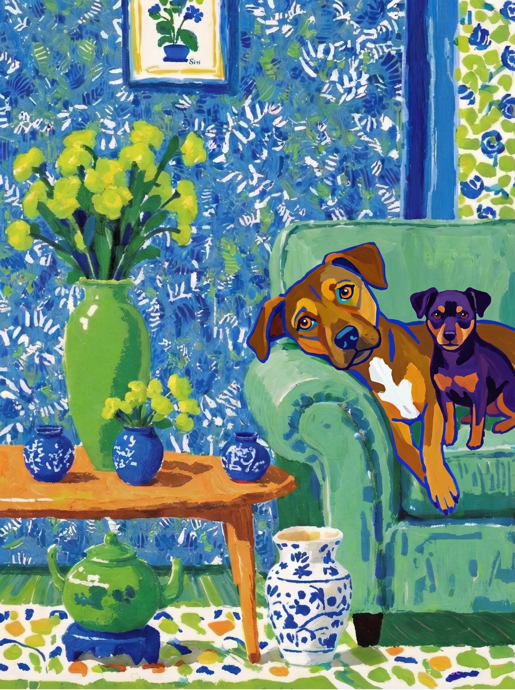 A pet lazy lying on the couch, with head tilt on the edge of couch, eye looking at the the vase. Art Style: Paint in Fauvism, post-impressionism style. Use simplified shapes, exaggerates color, and flattens perspective to create charm and personality.
Use saturated, non-naturalistic colors and flattened perspective reminiscent of Henri Matisse.
The brushwork is loose, visible, and painterly, with uneven strokes that give the surface texture and movement.
Paint with large areas of flat color patches, simplified shapes, bold decorative outlines, and minimal blending.
The composition is flattened and slightly distorted, with compressed perspective.
The painting is expressive, utilizing thick, confident strokes and quick, rhythmic marks that prioritize texture and visual energy over realistic blending or depth.