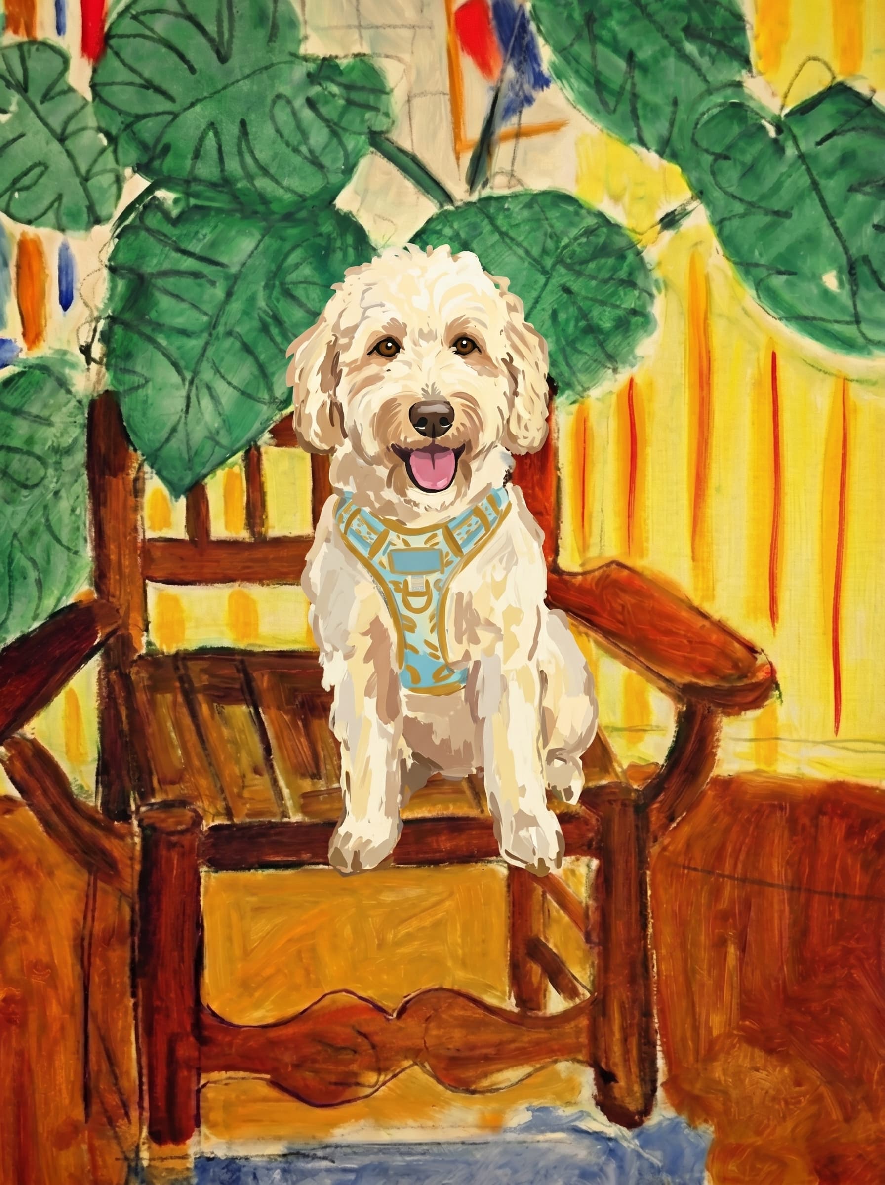 A pet sitting on a brown chair, looking at the viewer. Colors are applied with minimal blending, creating a flat, illustrative feel. The brushwork is broad, rapid, and direct. Strokes are loose, visible, applied thinly, defining the forms quickly without building up significant physical texture or impasto on the surface.