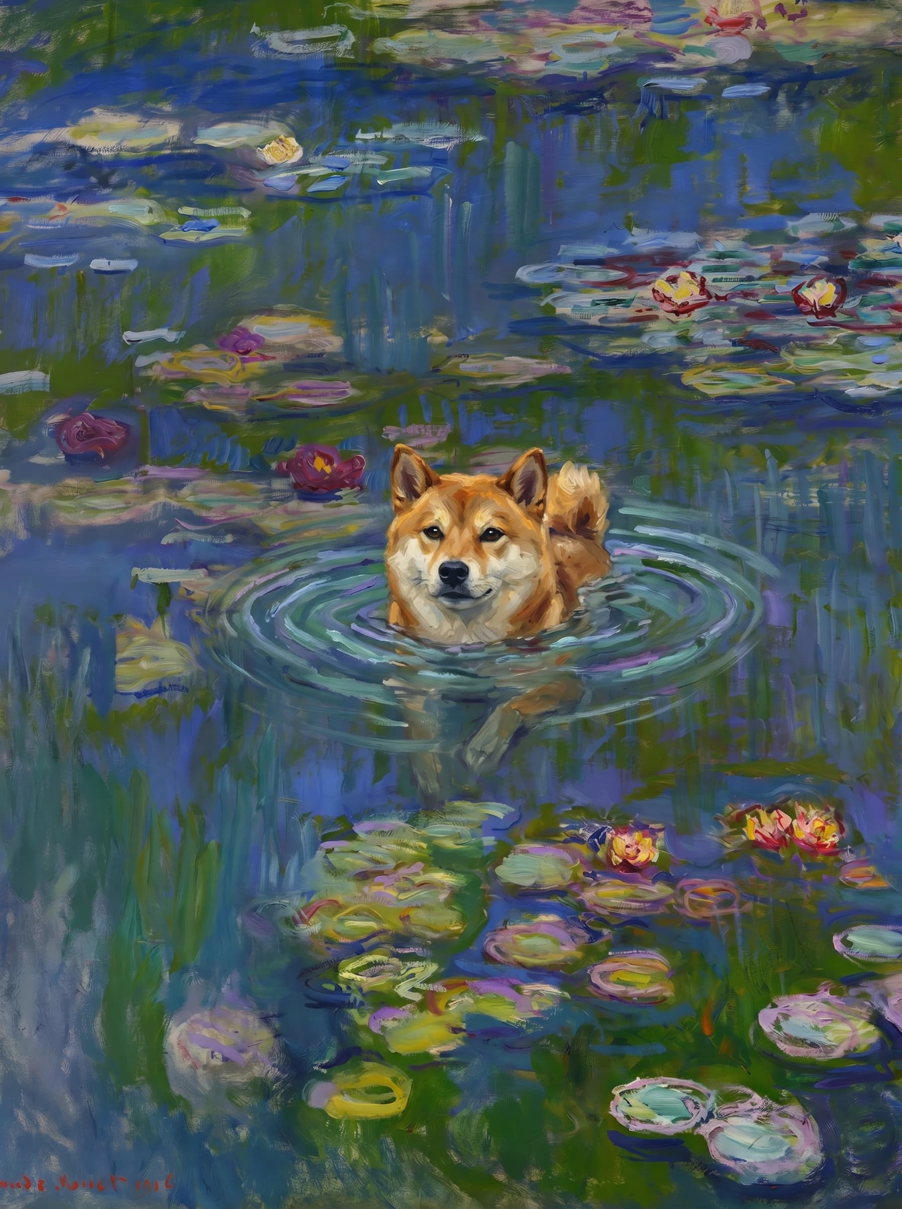 The pet should appear naturally integrated into the middle of the pond, swimming calmly through the water with only its head, upper neck, and a subtle suggestion of its back visible above the surface.
The pet should be facing forward and looking directly at the viewer. Its wet fur should be suggested through painterly strokes.
Blend the pet into the scene using Monet-like impressionist oil painting techniques: visible layered brushstrokes, soft broken color, blue-green reflections, violet shadows, golden-orange highlights, and shimmering ripples around the pet.
The water should partially obscure the pet’s body, with delicate circular ripples spreading outward. Nearby lily pads and water lilies should remain undisturbed but subtly interact with the ripples.
The pet must feel like it was originally painted into the artwork, not pasted on top. Match the atmospheric softness, painterly texture, scale, perspective, and color harmony of the original Water Lilies painting.
Avoid photorealism, sharp outlines, modern digital effects, or excessive detail. The final image should look like a whimsical impressionist oil painting in the spirit of late Monet, with the pet quietly swimming among the lily pads at the center of the pond.
Art Style: Paint in Fauvism, post-impressionism style. Use simplified shapes, exaggerates color, and flattens perspective to create charm and personality.
Use saturated, non-naturalistic colors and flattened perspective reminiscent of Henri Matisse.
The brushwork is loose, visible, and painterly, with uneven strokes that give the surface texture and movement.
Paint with large areas of flat color patches, simplified shapes, bold decorative outlines, and minimal blending.
The composition is flattened and slightly distorted, with compressed perspective.
The painting is expressive, utilizing thick, confident strokes and quick, rhythmic marks that prioritize texture and visual energy over realistic blending or depth.