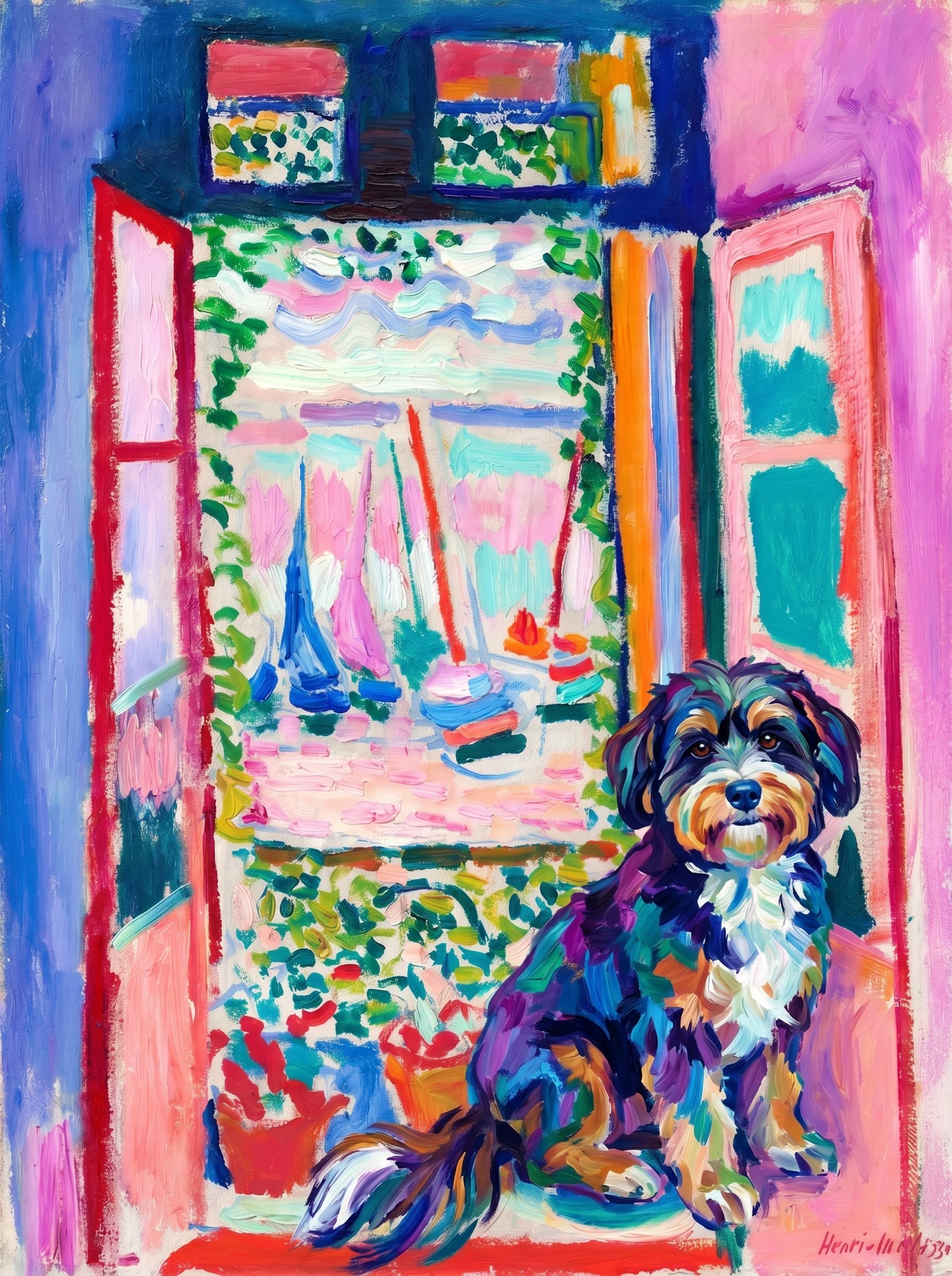 A pet sitting on the right bottom frame of an open door, with its back to the opening while facing the room, looking at the viewer, slight leaning on the right-side door panel. Paint in post-impressionism style. Use loosely painted, vibrantly colored, stylized, vertical painting.