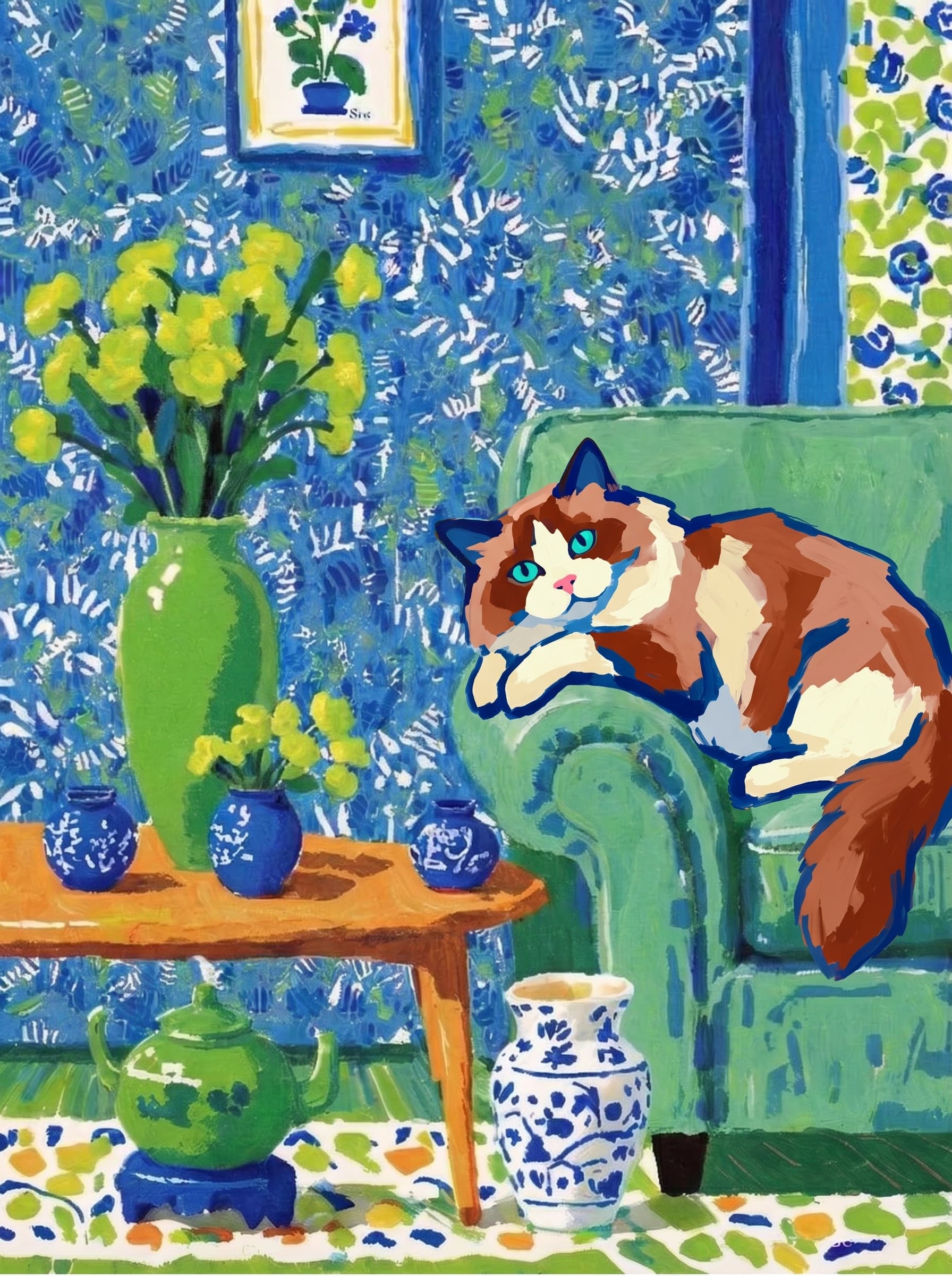 A pet lazy lying on the couch, with head tilt on the edge of couch, eye looking at the the vase. Art Style: Paint in Fauvism, post-impressionism style. Use simplified shapes, exaggerates color, and flattens perspective to create charm and personality.
Use saturated, non-naturalistic colors and flattened perspective reminiscent of Henri Matisse.
The brushwork is loose, visible, and painterly, with uneven strokes that give the surface texture and movement.
Paint with large areas of flat color patches, simplified shapes, bold decorative outlines, and minimal blending.
The composition is flattened and slightly distorted, with compressed perspective.
The painting is expressive, utilizing thick, confident strokes and quick, rhythmic marks that prioritize texture and visual energy over realistic blending or depth.