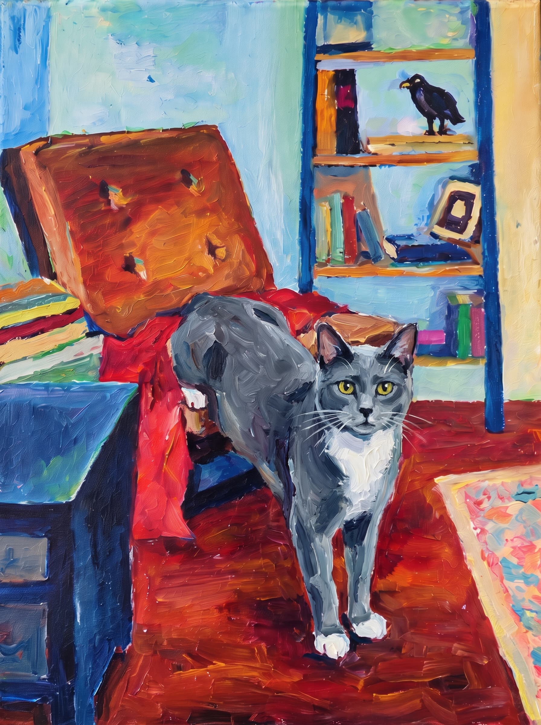 An oil painting in an Impressionist impasto style depicts a warm, cozy indoor space centered around a large, reclined armchair featuring a brown tufted cushion and a vivid red blanket draped across its seat.
Behind the chair stands a rich blue bookshelf adorned with colorful books, a picture frame, and a dark bird figurine perched on the top shelf.
To the left, a matching blue side table holds stacked books, while the room's floor glows in deep mahogany and amber hues alongside a patterned pastel rug.
The vibrant composition is completed by a background of soft turquoise, sky blue, and buttery yellow wall tones, all rendered with thick, visible brushstrokes that lend a lively texture to the scene.
The pet is standing upright on its two front legs, which rest on the dark reddish floor in the foreground. Its rear legs and body are elevated, resting on the seat of the brown reclined armchair, draped over the red blanket.
Paint the pet with the same thick impasto brushstrokes and vivid palette as the rest of the painting.
