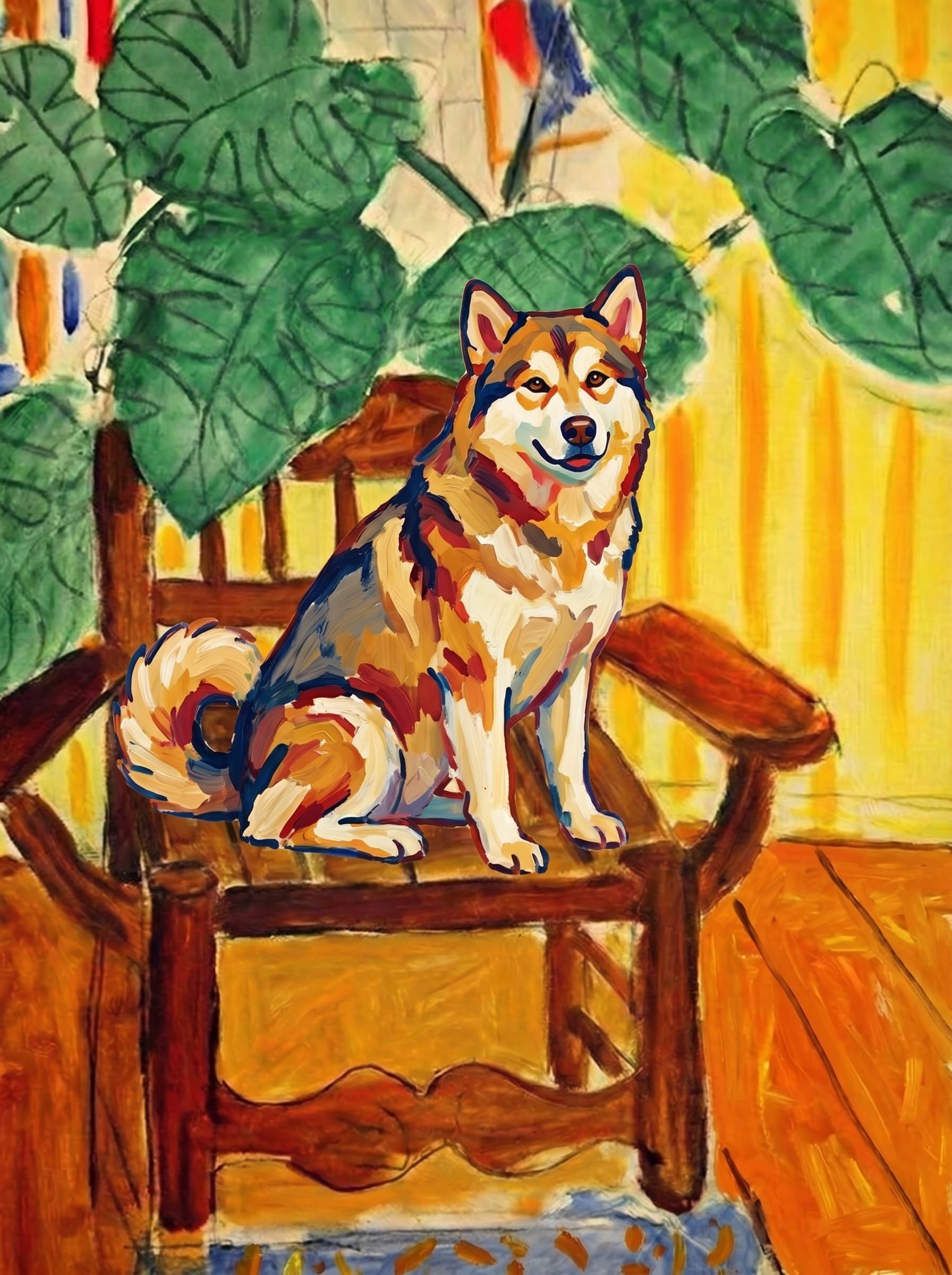 A pet sitting on a brown chair, looking at the viewer. Art Style: Paint in Fauvism, post-impressionism style. Use simplified shapes, exaggerates color, and flattens perspective to create charm and personality.
Use saturated, non-naturalistic colors and flattened perspective reminiscent of Henri Matisse.
The brushwork is loose, visible, and painterly, with uneven strokes that give the surface texture and movement.
Paint with large areas of flat color patches, simplified shapes, bold decorative outlines, and minimal blending.
The composition is flattened and slightly distorted, with compressed perspective.
The painting is expressive, utilizing thick, confident strokes and quick, rhythmic marks that prioritize texture and visual energy over realistic blending or depth.