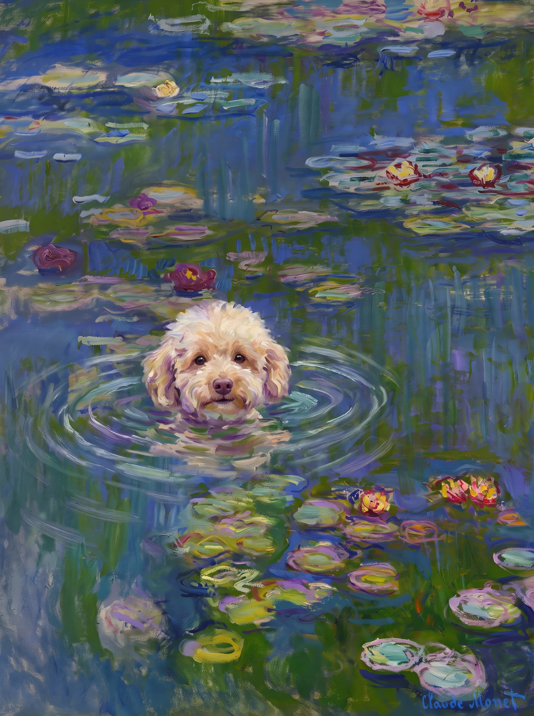 The pet should appear naturally integrated into the middle of the pond, swimming calmly through the water with only its head, upper neck, and a subtle suggestion of its back visible above the surface.
The pet should be facing forward and looking directly at the viewer. Its wet fur should be suggested through painterly strokes.
Blend the pet into the scene using Monet-like impressionist oil painting techniques: visible layered brushstrokes, soft broken color, blue-green reflections, violet shadows, golden-orange highlights, and shimmering ripples around the pet.
The water should partially obscure the pet’s body, with delicate circular ripples spreading outward. Nearby lily pads and water lilies should remain undisturbed but subtly interact with the ripples.
The pet must feel like it was originally painted into the artwork, not pasted on top. Match the atmospheric softness, painterly texture, scale, perspective, and color harmony of the original Water Lilies painting.
Avoid photorealism, sharp outlines, modern digital effects, or excessive detail. The final image should look like a whimsical impressionist oil painting in the spirit of late Monet, with the pet quietly swimming among the lily pads at the center of the pond.
Art Style: Paint in Fauvism, post-impressionism style. Use simplified shapes, exaggerates color, and flattens perspective to create charm and personality.
Use saturated, non-naturalistic colors and flattened perspective reminiscent of Henri Matisse.
The brushwork is loose, visible, and painterly, with uneven strokes that give the surface texture and movement.
Paint with large areas of flat color patches, simplified shapes, bold decorative outlines, and minimal blending.
The composition is flattened and slightly distorted, with compressed perspective.
The painting is expressive, utilizing thick, confident strokes and quick, rhythmic marks that prioritize texture and visual energy over realistic blending or depth.