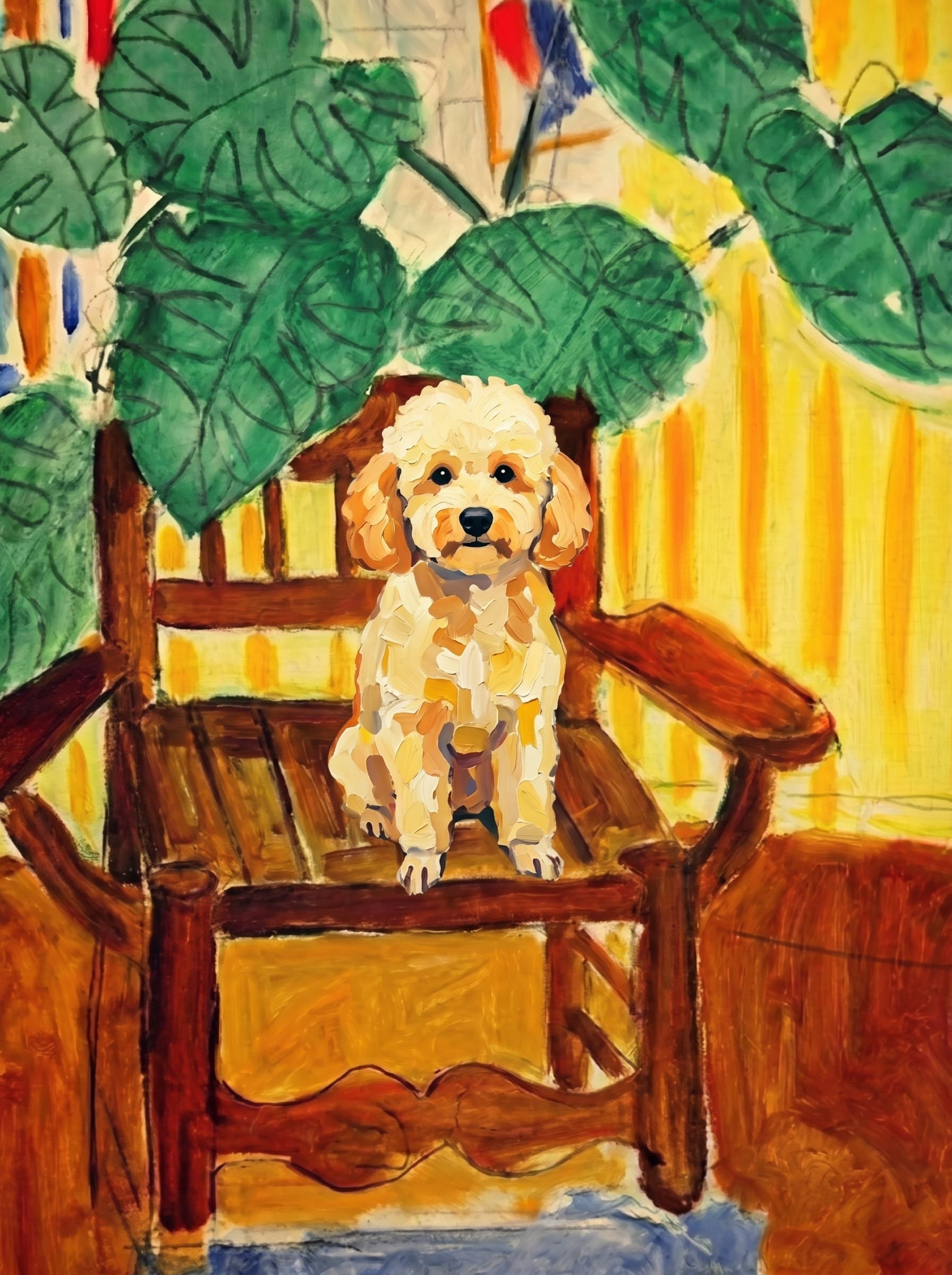 A pet sitting on a brown chair, looking at the viewer. Art Style: Paint in Fauvism, post-impressionism style. Use simplified shapes, exaggerates color, and flattens perspective to create charm and personality.
Use saturated, non-naturalistic colors and flattened perspective reminiscent of Henri Matisse.
The brushwork is loose, visible, and painterly, with uneven strokes that give the surface texture and movement.
Paint with large areas of flat color patches, simplified shapes, bold decorative outlines, and minimal blending.
The composition is flattened and slightly distorted, with compressed perspective.
The painting is expressive, utilizing thick, confident strokes and quick, rhythmic marks that prioritize texture and visual energy over realistic blending or depth.