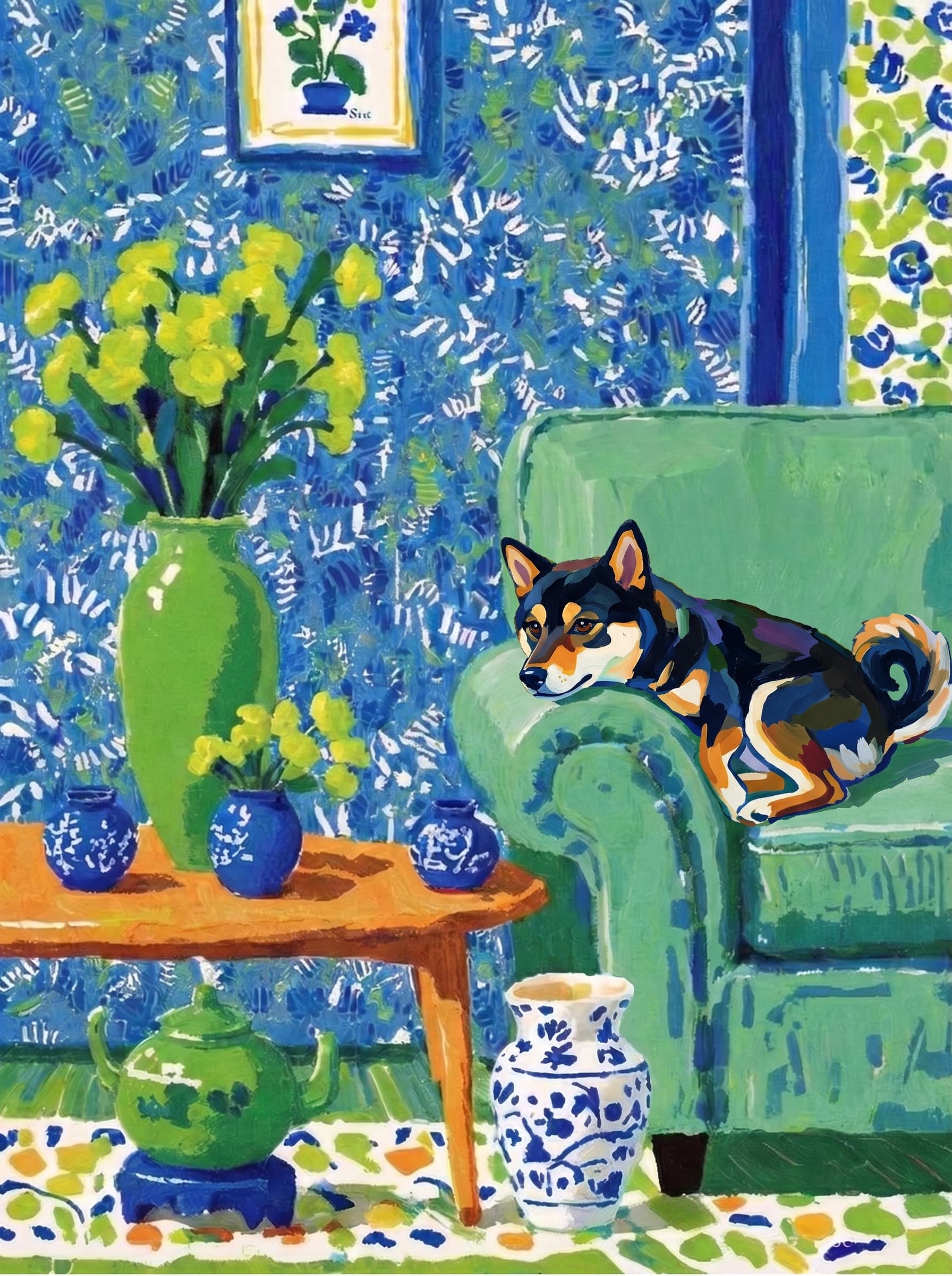 A pet lazy lying on the couch, with head tilt on the edge of couch, eye looking at the the vase. Art Style: Paint in Fauvism, post-impressionism style. Use simplified shapes, exaggerates color, and flattens perspective to create charm and personality.
Use saturated, non-naturalistic colors and flattened perspective reminiscent of Henri Matisse.
The brushwork is loose, visible, and painterly, with uneven strokes that give the surface texture and movement.
Paint with large areas of flat color patches, simplified shapes, bold decorative outlines, and minimal blending.
The composition is flattened and slightly distorted, with compressed perspective.
The painting is expressive, utilizing thick, confident strokes and quick, rhythmic marks that prioritize texture and visual energy over realistic blending or depth.