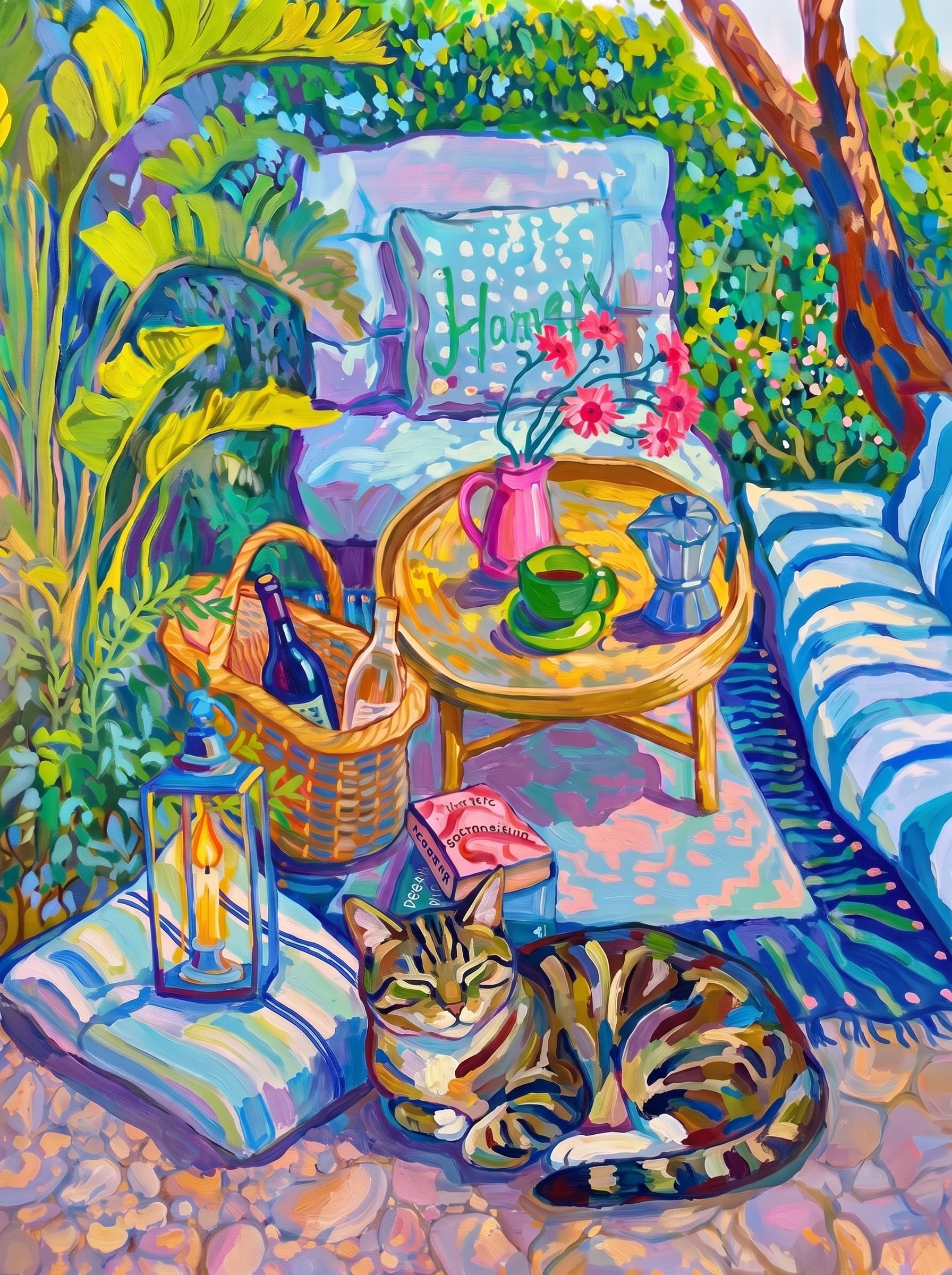 a cozy garden patio filled with lush tropical greenery, blue-and-white striped cushions, a round rattan table, picnic basket, lantern, books, flowers.
The pet is lazily resting in the foreground, almost fall asleep with a relaxed and content expression.
The composition feels intimate and inviting, with foliage and a tree trunk framing the scene, the circular table anchoring the center, and expressive brushwork plus dappled light creating a lively, relaxed outdoor atmosphere.
Art Style: Paint in Fauvism, post-impressionism style. Use simplified shapes, exaggerates color, and flattens perspective to create charm and personality.
Use saturated, non-naturalistic colors and flattened perspective reminiscent of Henri Matisse.
The brushwork is loose, visible, and painterly, with uneven strokes that give the surface texture and movement.
Paint with large areas of flat color patches, simplified shapes, bold decorative outlines, and minimal blending.
The composition is flattened and slightly distorted, with compressed perspective.
The painting is expressive, utilizing thick, confident strokes and quick, rhythmic marks that prioritize texture and visual energy over realistic blending or depth.