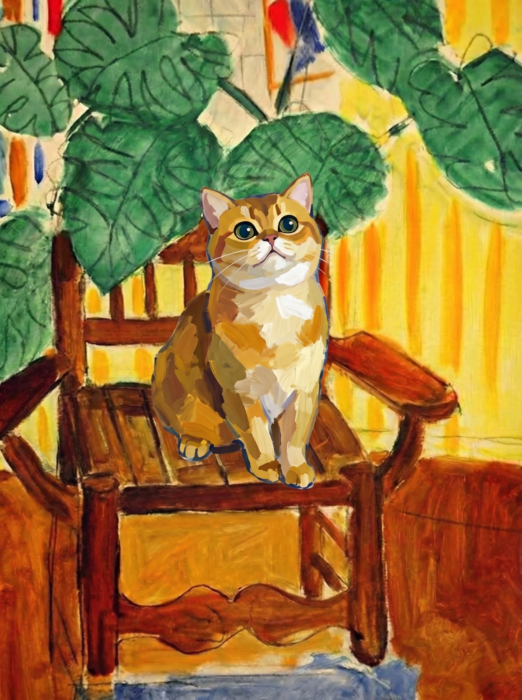A pet sitting on a brown chair, looking at the viewer. Art Style: Paint in Fauvism, post-impressionism style. Use simplified shapes, exaggerates color, and flattens perspective to create charm and personality.
Use saturated, non-naturalistic colors and flattened perspective reminiscent of Henri Matisse.
The brushwork is loose, visible, and painterly, with uneven strokes that give the surface texture and movement.
Paint with large areas of flat color patches, simplified shapes, bold decorative outlines, and minimal blending.
The composition is flattened and slightly distorted, with compressed perspective.
The painting is expressive, utilizing thick, confident strokes and quick, rhythmic marks that prioritize texture and visual energy over realistic blending or depth.