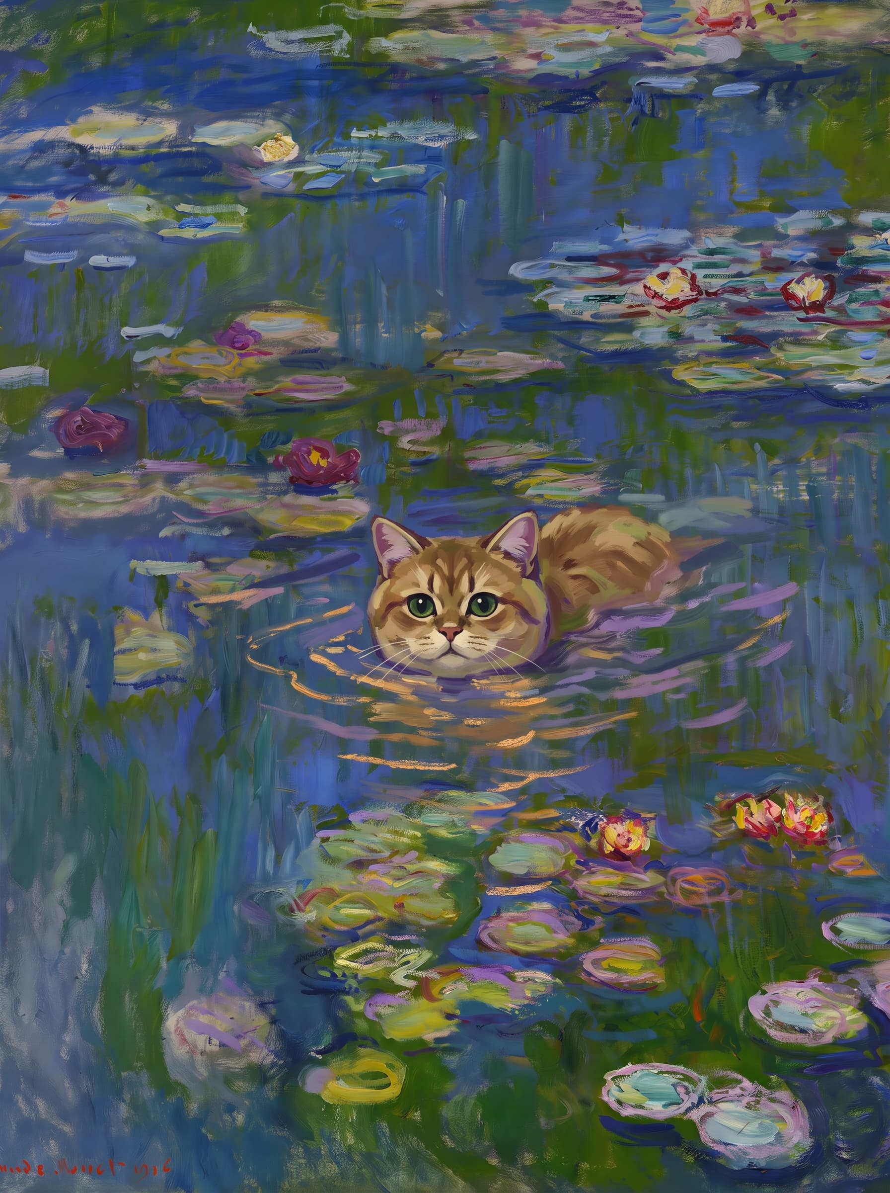 The pet should appear naturally integrated into the middle of the pond, swimming calmly through the water with only its head, upper neck, and a subtle suggestion of its back visible above the surface.
The pet should be facing forward and looking directly at the viewer. Its wet fur should be suggested through painterly strokes.
Blend the pet into the scene using Monet-like impressionist oil painting techniques: visible layered brushstrokes, soft broken color, blue-green reflections, violet shadows, golden-orange highlights, and shimmering ripples around the pet.
The water should partially obscure the pet’s body, with delicate circular ripples spreading outward. Nearby lily pads and water lilies should remain undisturbed but subtly interact with the ripples.
The pet must feel like it was originally painted into the artwork, not pasted on top. Match the atmospheric softness, painterly texture, scale, perspective, and color harmony of the original Water Lilies painting.
Avoid photorealism, sharp outlines, modern digital effects, or excessive detail. The final image should look like a whimsical impressionist oil painting in the spirit of late Monet, with the pet quietly swimming among the lily pads at the center of the pond.
Art Style: Paint in Fauvism, post-impressionism style. Use simplified shapes, exaggerates color, and flattens perspective to create charm and personality.
Use saturated, non-naturalistic colors and flattened perspective reminiscent of Henri Matisse.
The brushwork is loose, visible, and painterly, with uneven strokes that give the surface texture and movement.
Paint with large areas of flat color patches, simplified shapes, bold decorative outlines, and minimal blending.
The composition is flattened and slightly distorted, with compressed perspective.
The painting is expressive, utilizing thick, confident strokes and quick, rhythmic marks that prioritize texture and visual energy over realistic blending or depth.