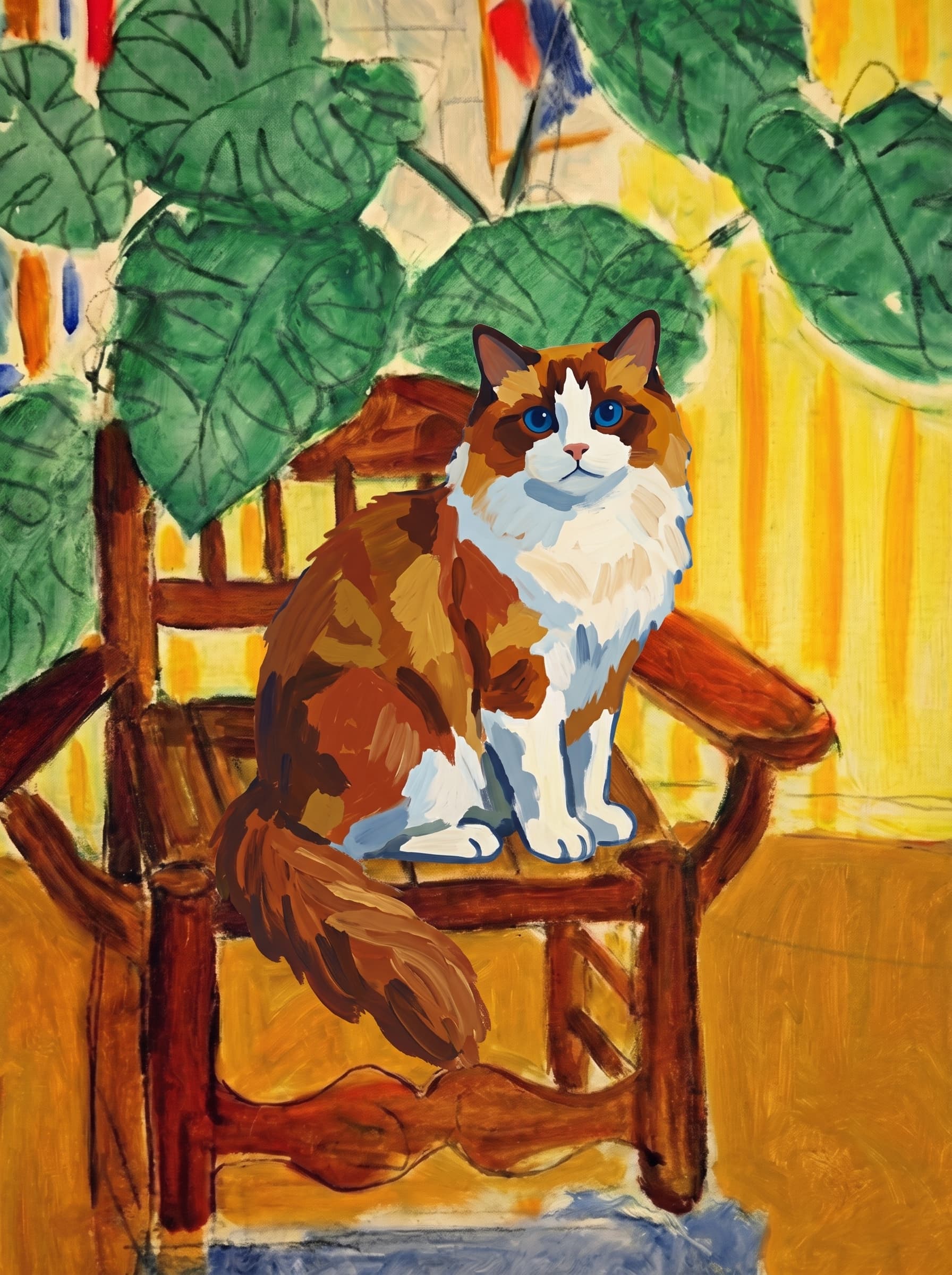A pet sitting on a brown chair, looking at the viewer. Art Style: Paint in Fauvism, post-impressionism style. Use simplified shapes, exaggerates color, and flattens perspective to create charm and personality.
Use saturated, non-naturalistic colors and flattened perspective reminiscent of Henri Matisse.
The brushwork is loose, visible, and painterly, with uneven strokes that give the surface texture and movement.
Paint with large areas of flat color patches, simplified shapes, bold decorative outlines, and minimal blending.
The composition is flattened and slightly distorted, with compressed perspective.
The painting is expressive, utilizing thick, confident strokes and quick, rhythmic marks that prioritize texture and visual energy over realistic blending or depth.