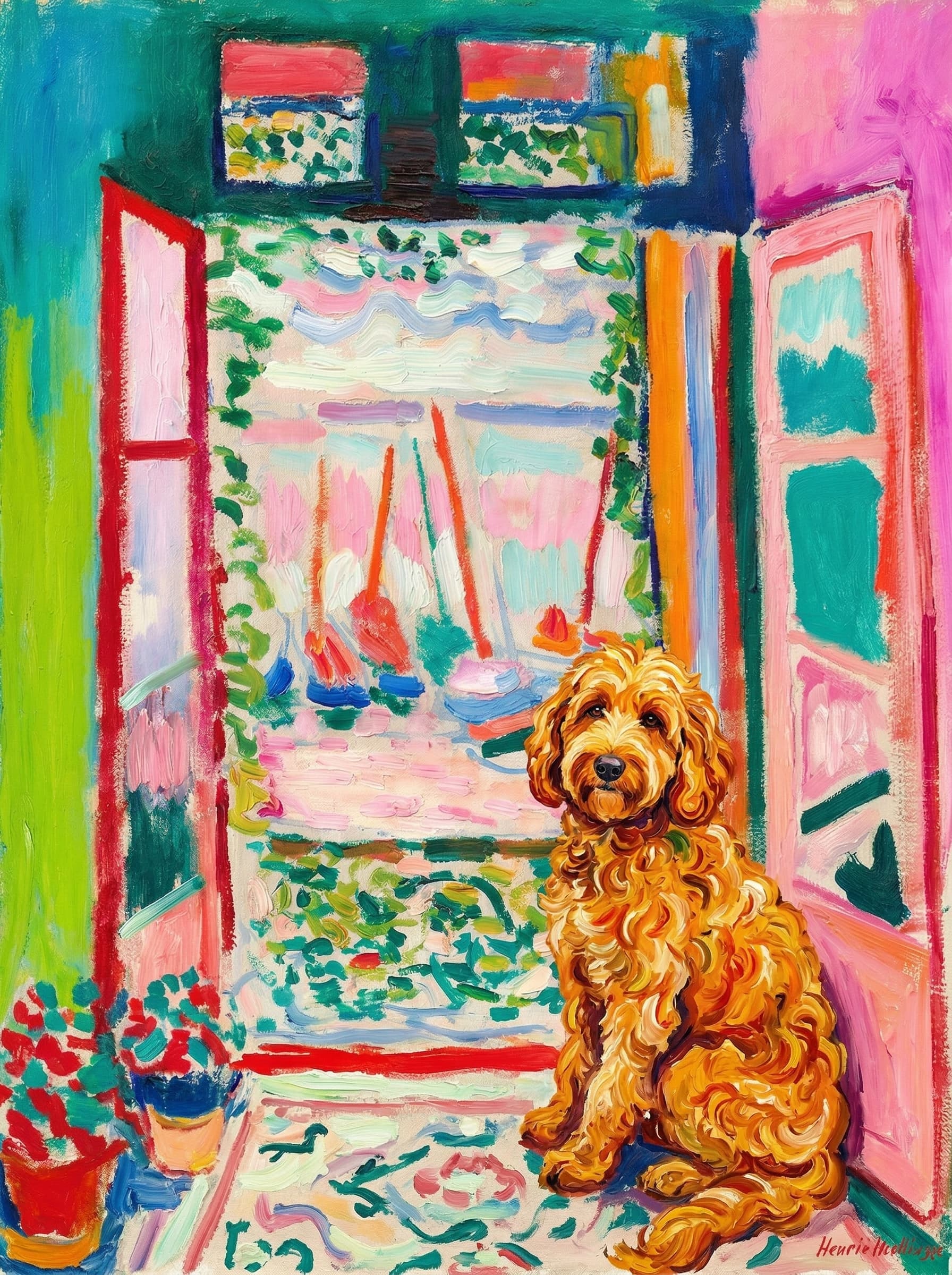 A pet sitting on the right bottom frame of an open door, with its back to the opening while facing the room, looking at the viewer, slight leaning on the right-side door panel. Paint in post-impressionism style. Use loosely painted, vibrantly colored, stylized, vertical painting.