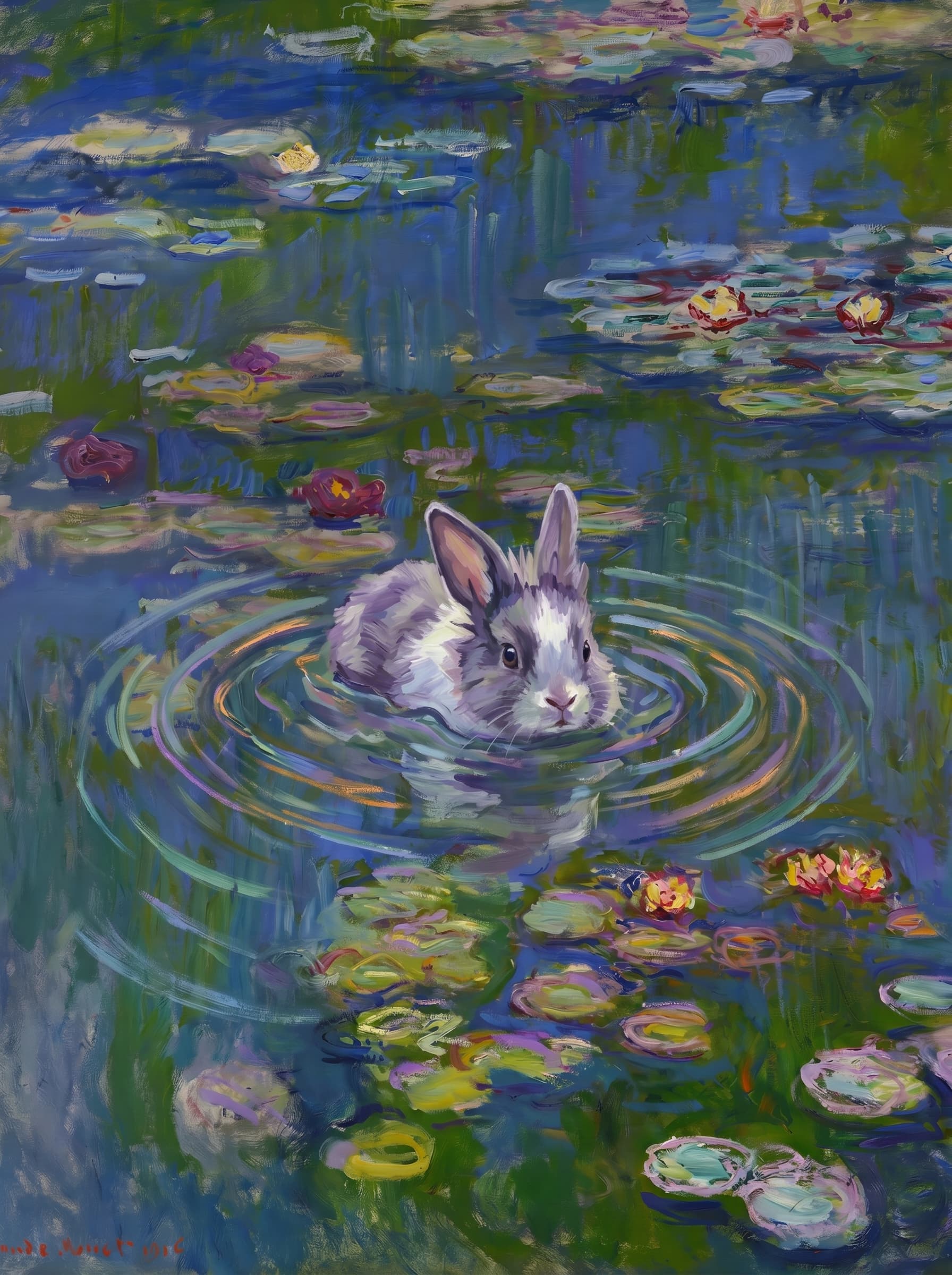 The pet should appear naturally integrated into the middle of the pond, swimming calmly through the water with only its head, upper neck, and a subtle suggestion of its back visible above the surface.
The pet should be facing forward and looking directly at the viewer. Its wet fur should be suggested through painterly strokes.
Blend the pet into the scene using Monet-like impressionist oil painting techniques: visible layered brushstrokes, soft broken color, blue-green reflections, violet shadows, golden-orange highlights, and shimmering ripples around the pet.
The water should partially obscure the pet’s body, with delicate circular ripples spreading outward. Nearby lily pads and water lilies should remain undisturbed but subtly interact with the ripples.
The pet must feel like it was originally painted into the artwork, not pasted on top. Match the atmospheric softness, painterly texture, scale, perspective, and color harmony of the original Water Lilies painting.
Avoid photorealism, sharp outlines, modern digital effects, or excessive detail. The final image should look like a whimsical impressionist oil painting in the spirit of late Monet, with the pet quietly swimming among the lily pads at the center of the pond.
Art Style: Paint in Fauvism, post-impressionism style. Use simplified shapes, exaggerates color, and flattens perspective to create charm and personality.
Use saturated, non-naturalistic colors and flattened perspective reminiscent of Henri Matisse.
The brushwork is loose, visible, and painterly, with uneven strokes that give the surface texture and movement.
Paint with large areas of flat color patches, simplified shapes, bold decorative outlines, and minimal blending.
The composition is flattened and slightly distorted, with compressed perspective.
The painting is expressive, utilizing thick, confident strokes and quick, rhythmic marks that prioritize texture and visual energy over realistic blending or depth.
