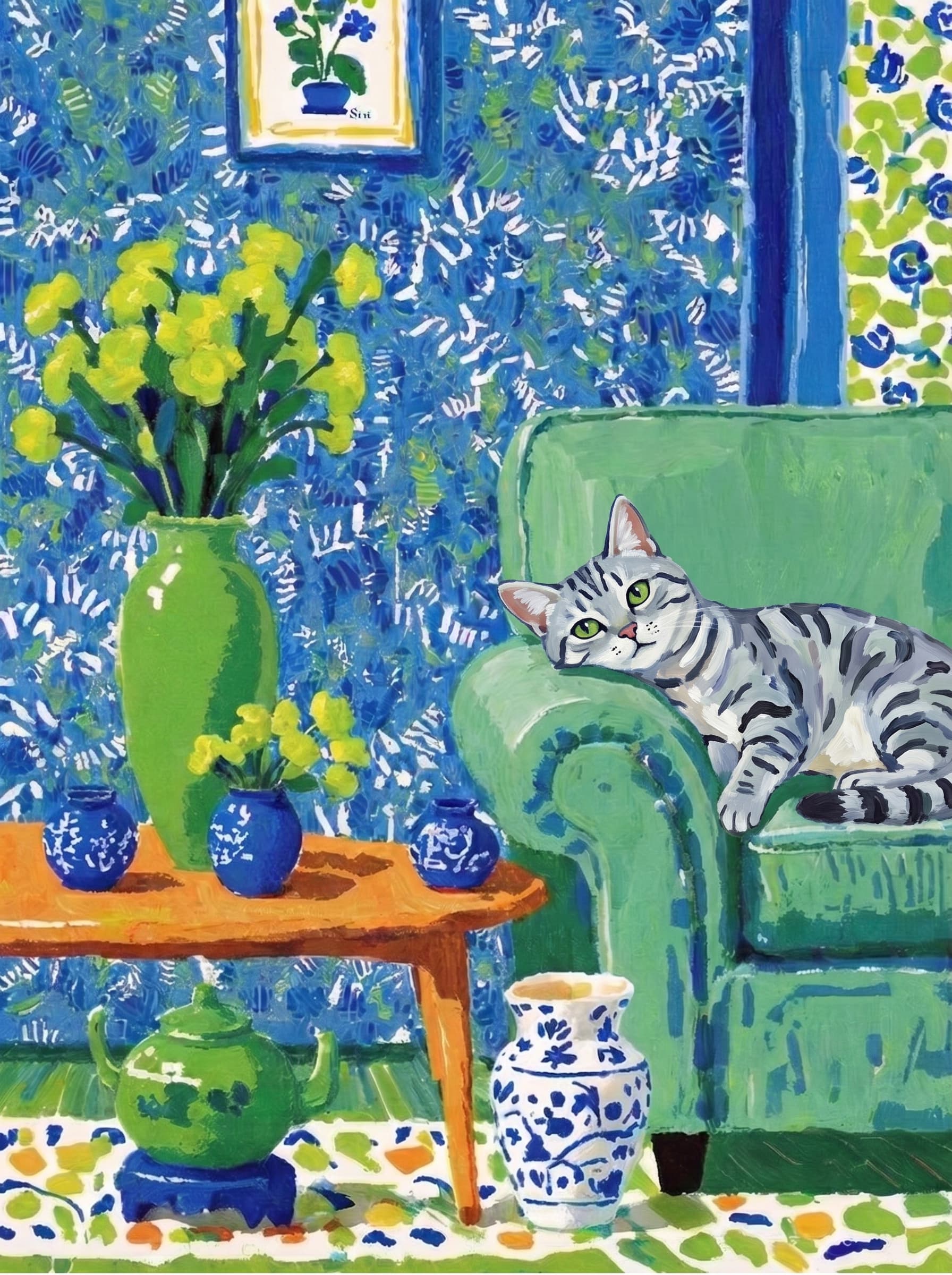 A pet lazy lying on the couch, with head tilt on the edge of couch, eye looking at the the vase. Art Style: Paint in Fauvism, post-impressionism style. Use simplified shapes, exaggerates color, and flattens perspective to create charm and personality.
Use saturated, non-naturalistic colors and flattened perspective reminiscent of Henri Matisse.
The brushwork is loose, visible, and painterly, with uneven strokes that give the surface texture and movement.
Paint with large areas of flat color patches, simplified shapes, bold decorative outlines, and minimal blending.
The composition is flattened and slightly distorted, with compressed perspective.
The painting is expressive, utilizing thick, confident strokes and quick, rhythmic marks that prioritize texture and visual energy over realistic blending or depth.