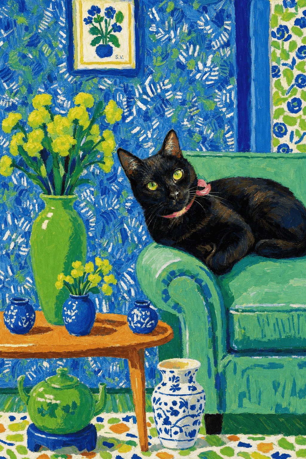 A pet lazy lying on the couch, with head tilt on the edge of couch, eye looking at the the vase. paint in post-impressionism style. Use saturated, non-naturalistic colors and flattened perspective reminiscent of Henri Matisse. painterly and expressive, utilizing thick, confident strokes and quick, rhythmic marks that prioritize texture and visual energy over realistic blending or depth.