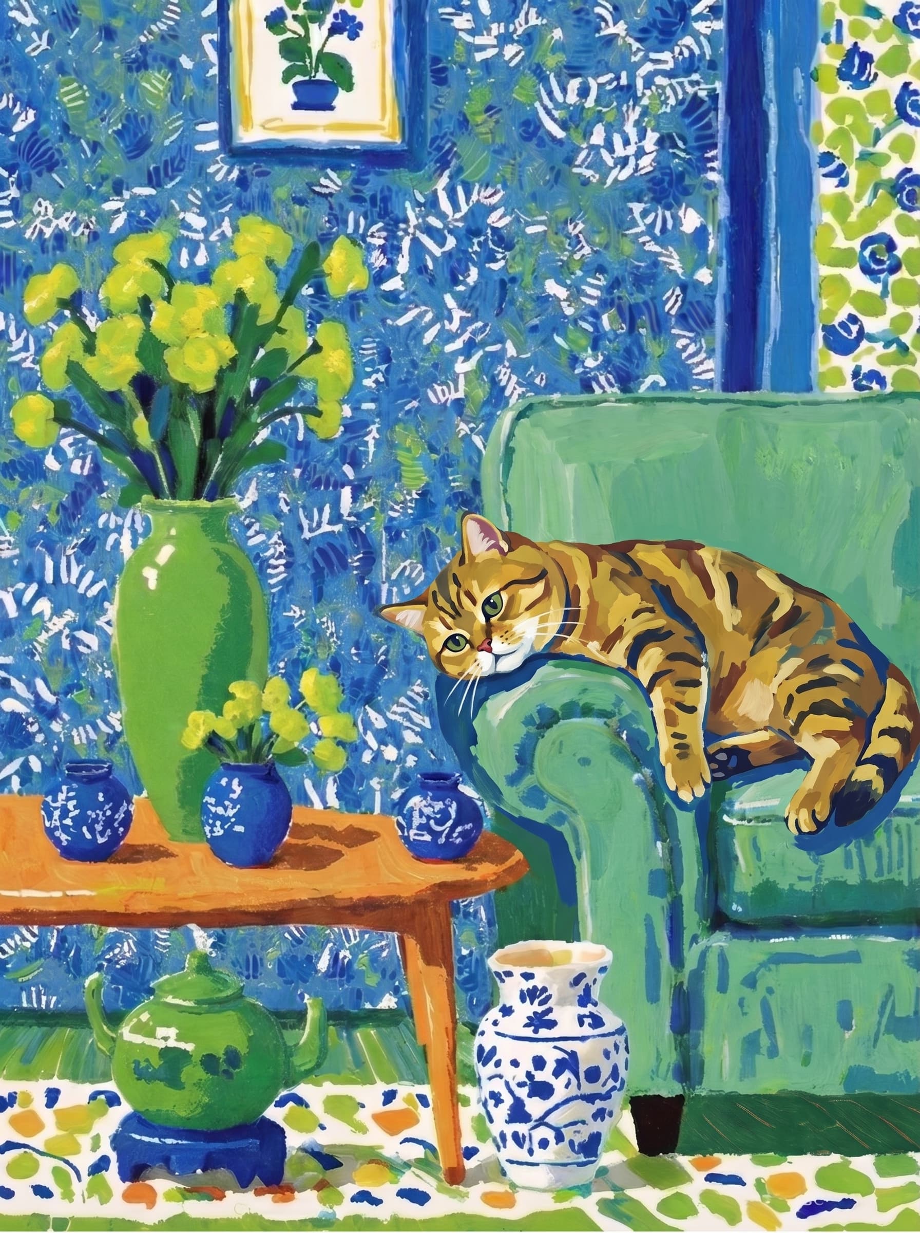 A pet lazy lying on the couch, with head tilt on the edge of couch, eye looking at the the vase. Art Style: Paint in Fauvism, post-impressionism style. Use simplified shapes, exaggerates color, and flattens perspective to create charm and personality.
Use saturated, non-naturalistic colors and flattened perspective reminiscent of Henri Matisse.
The brushwork is loose, visible, and painterly, with uneven strokes that give the surface texture and movement.
Paint with large areas of flat color patches, simplified shapes, bold decorative outlines, and minimal blending.
The composition is flattened and slightly distorted, with compressed perspective.
The painting is expressive, utilizing thick, confident strokes and quick, rhythmic marks that prioritize texture and visual energy over realistic blending or depth.