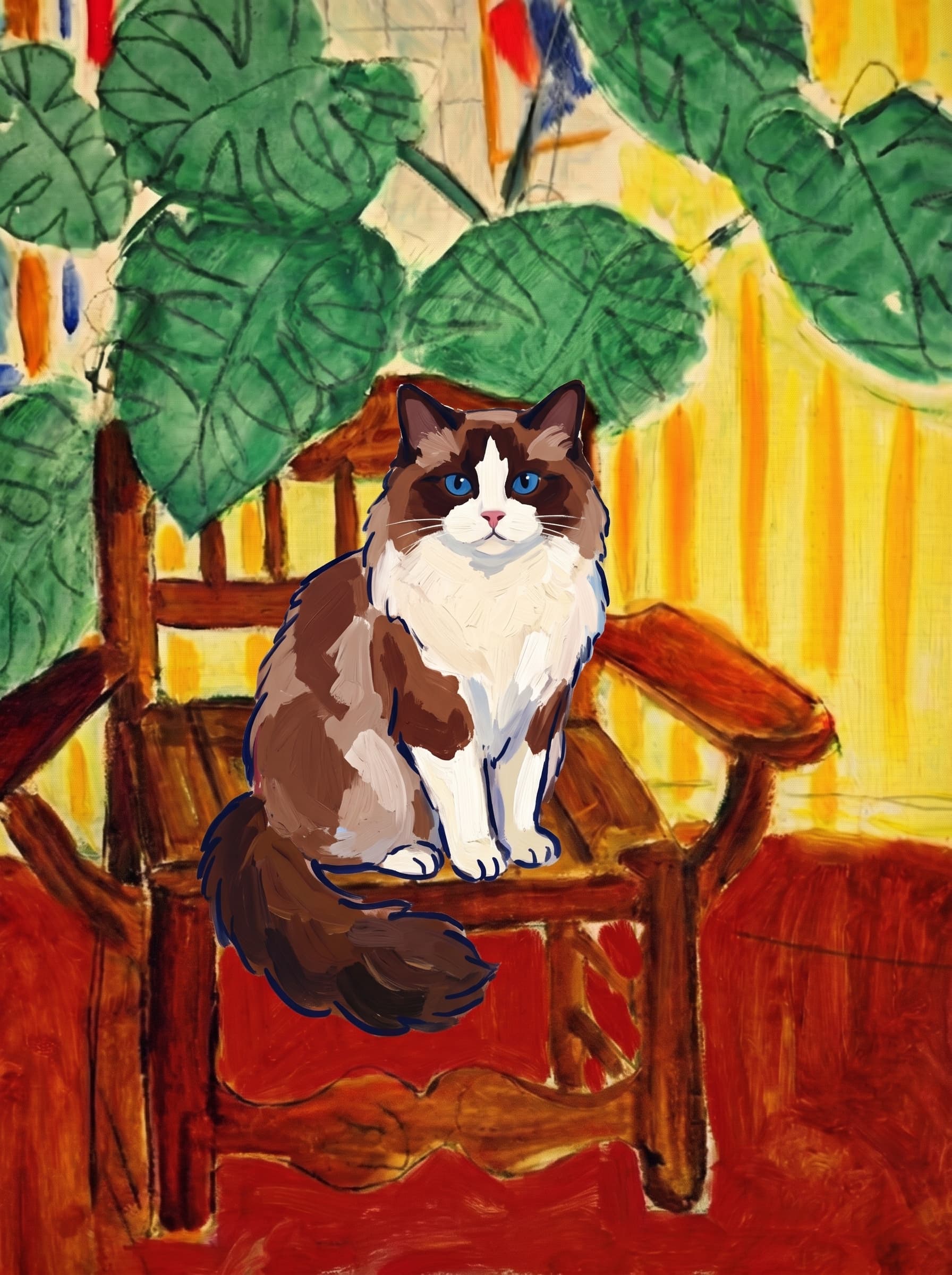 A pet sitting on a brown chair, looking at the viewer. Art Style: Paint in Fauvism, post-impressionism style. Use simplified shapes, exaggerates color, and flattens perspective to create charm and personality.
Use saturated, non-naturalistic colors and flattened perspective reminiscent of Henri Matisse.
The brushwork is loose, visible, and painterly, with uneven strokes that give the surface texture and movement.
Paint with large areas of flat color patches, simplified shapes, bold decorative outlines, and minimal blending.
The composition is flattened and slightly distorted, with compressed perspective.
The painting is expressive, utilizing thick, confident strokes and quick, rhythmic marks that prioritize texture and visual energy over realistic blending or depth.