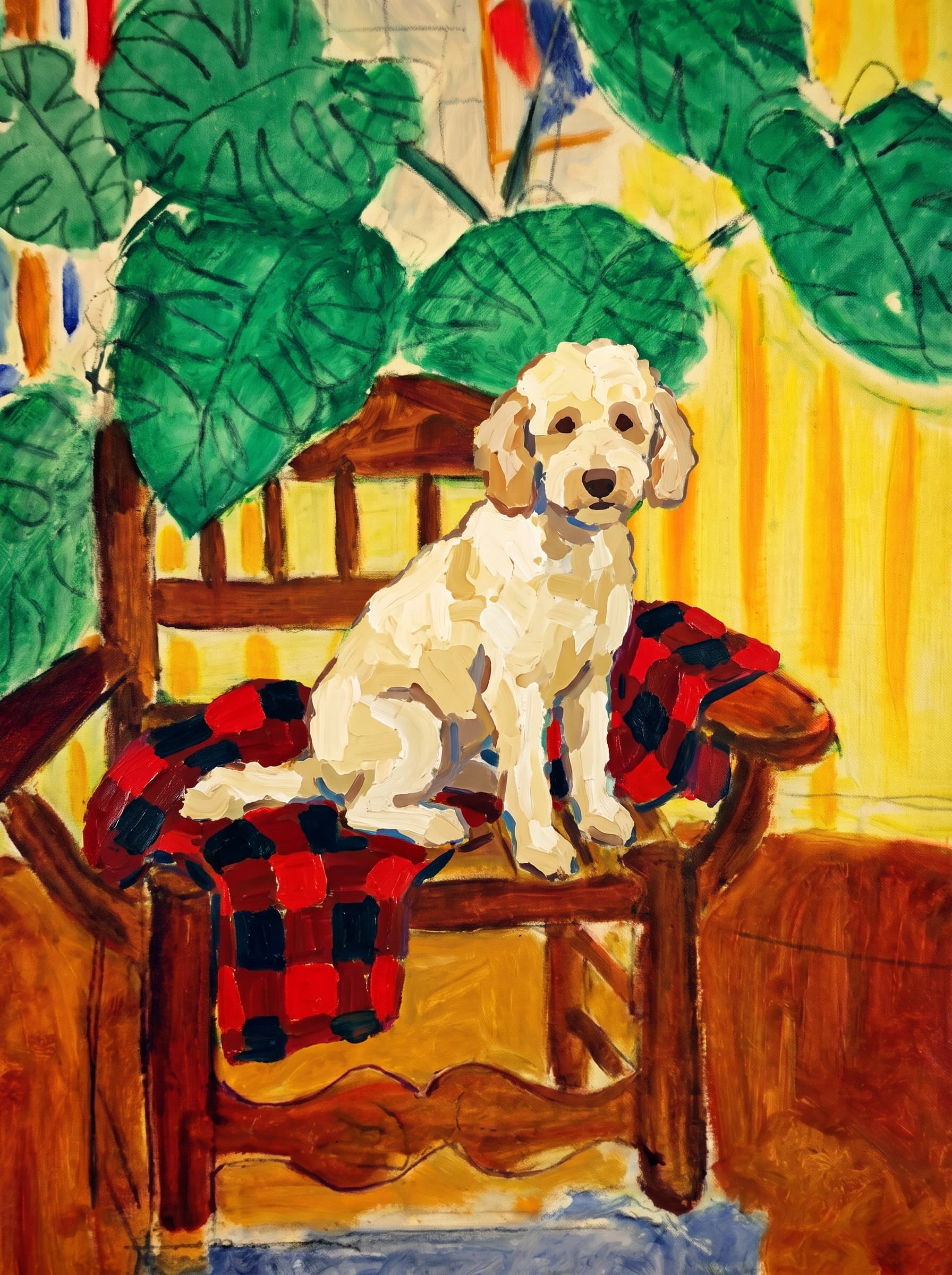 A pet sitting on a brown chair, looking at the viewer. Art Style: Paint in Fauvism, post-impressionism style. Use simplified shapes, exaggerates color, and flattens perspective to create charm and personality.
Use saturated, non-naturalistic colors and flattened perspective reminiscent of Henri Matisse.
The brushwork is loose, visible, and painterly, with uneven strokes that give the surface texture and movement.
Paint with large areas of flat color patches, simplified shapes, bold decorative outlines, and minimal blending.
The composition is flattened and slightly distorted, with compressed perspective.
The painting is expressive, utilizing thick, confident strokes and quick, rhythmic marks that prioritize texture and visual energy over realistic blending or depth.