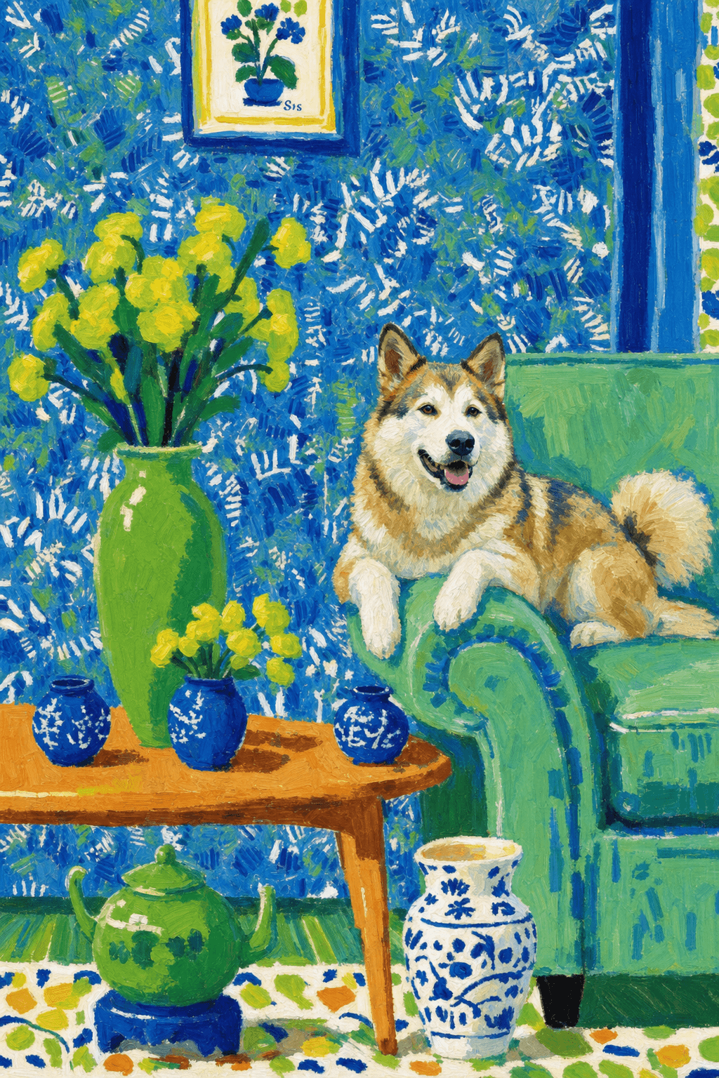 A pet lazy lying on the couch, with head tilt on the edge of couch, eye looking at the the vase. Art Style: Paint in Fauvism, post-impressionism style. Use simplified shapes, exaggerates color, and flattens perspective to create charm and personality.
Use saturated, non-naturalistic colors and flattened perspective reminiscent of Henri Matisse.
The brushwork is loose, visible, and painterly, with uneven strokes that give the surface texture and movement.
Paint with large areas of flat color patches, simplified shapes, bold decorative outlines, and minimal blending.
The composition is flattened and slightly distorted, with compressed perspective.
The painting is expressive, utilizing thick, confident strokes and quick, rhythmic marks that prioritize texture and visual energy over realistic blending or depth.