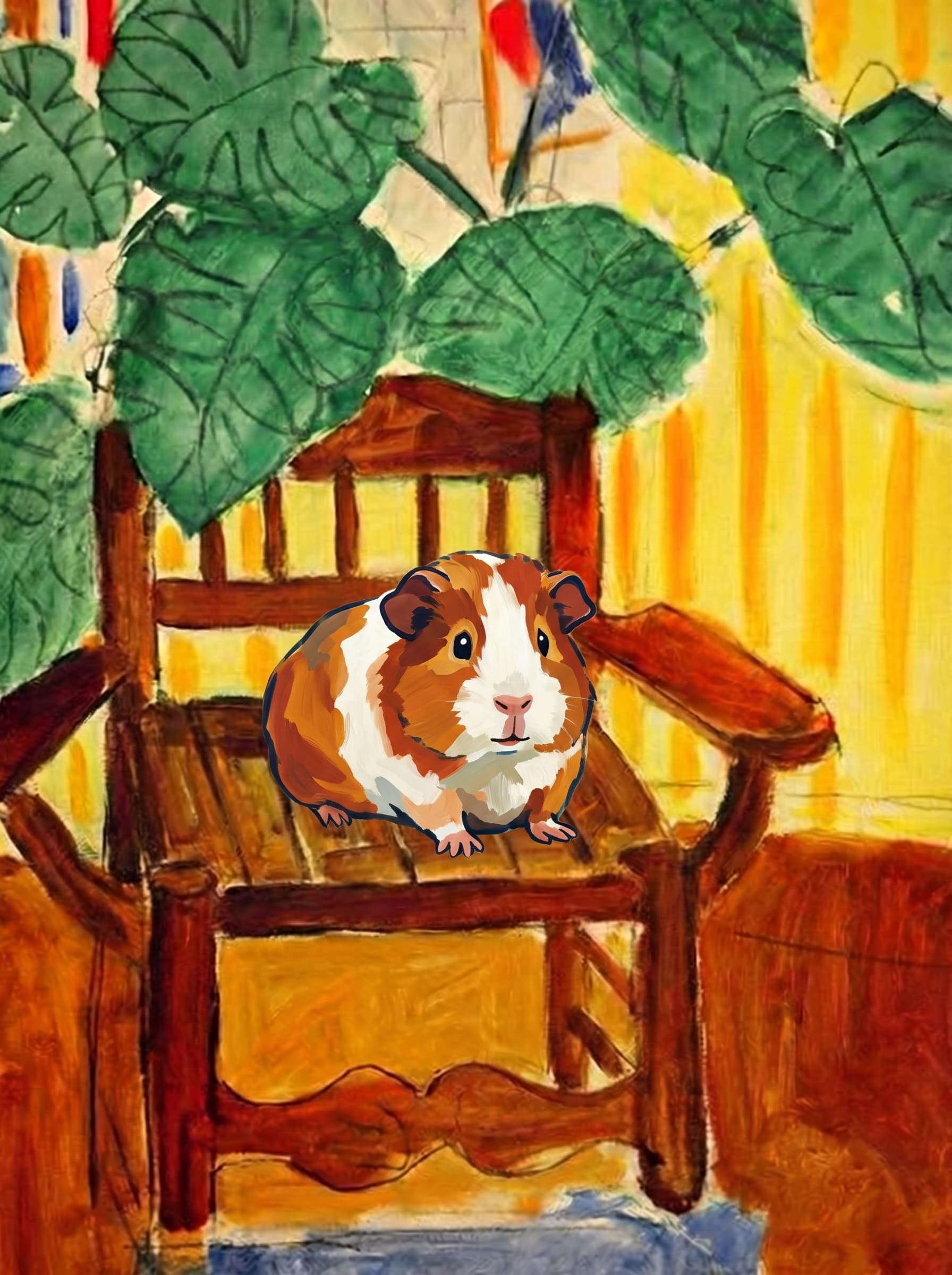 A pet sitting on a brown chair, looking at the viewer. Art Style: Paint in Fauvism, post-impressionism style. Use simplified shapes, exaggerates color, and flattens perspective to create charm and personality.
Use saturated, non-naturalistic colors and flattened perspective reminiscent of Henri Matisse.
The brushwork is loose, visible, and painterly, with uneven strokes that give the surface texture and movement.
Paint with large areas of flat color patches, simplified shapes, bold decorative outlines, and minimal blending.
The composition is flattened and slightly distorted, with compressed perspective.
The painting is expressive, utilizing thick, confident strokes and quick, rhythmic marks that prioritize texture and visual energy over realistic blending or depth.