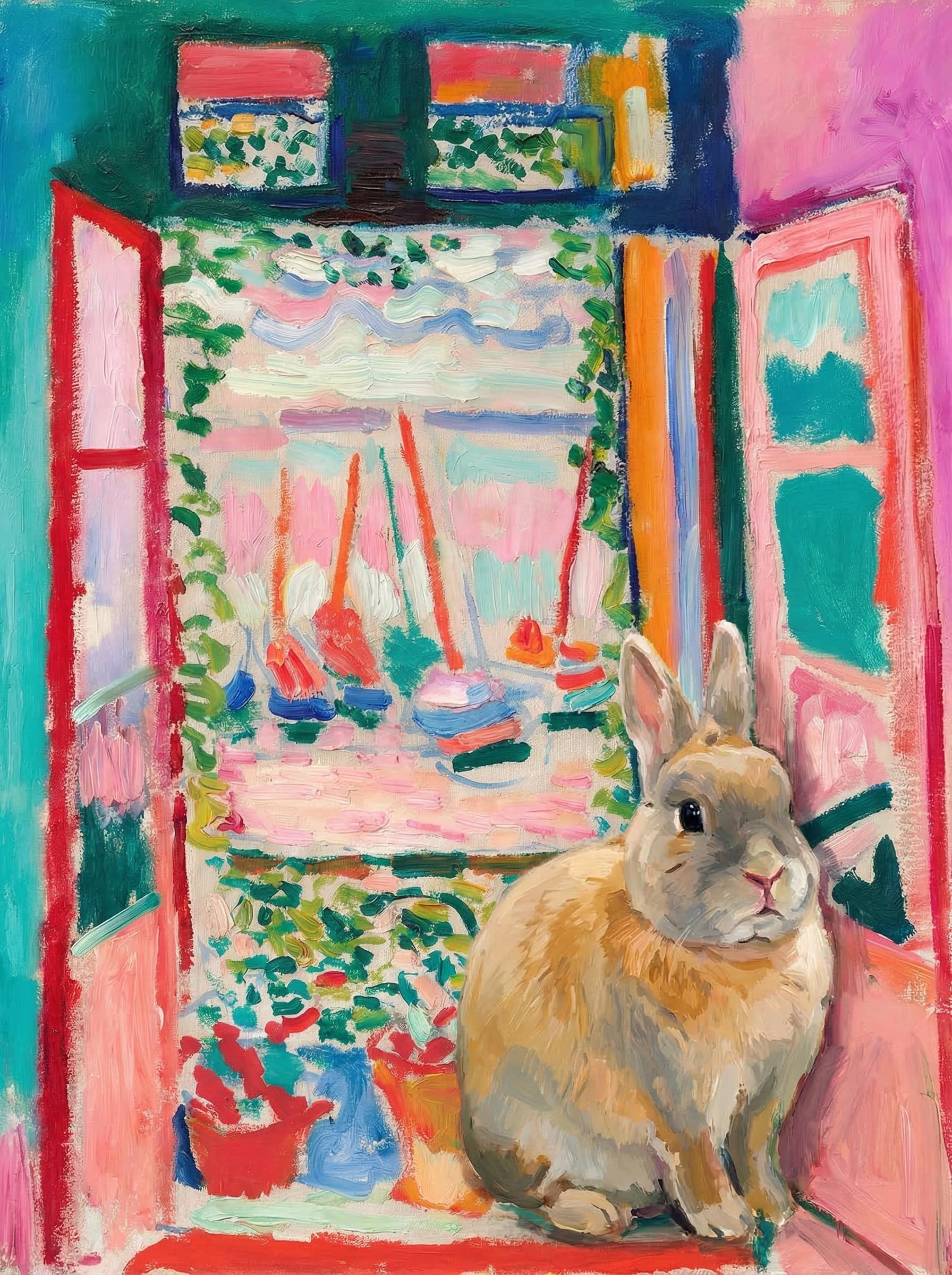 A pet sitting on the right bottom frame of an open door, with its back to the opening while facing the room, looking at the viewer, slight leaning on the right-side door panel. Paint in post-impressionism style. Use loosely painted, vibrantly colored, stylized, vertical painting.