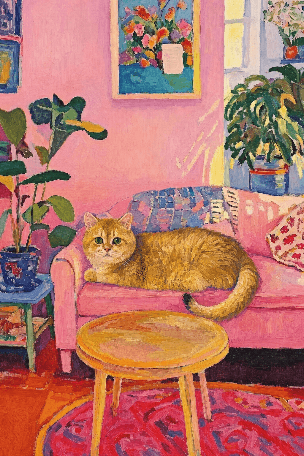 The painting shows a cozy, colorful interior with a warm pink wall and a large pink sofa in the foreground.
The pet is resting lazily on a bright pink velvet sofa. The pet’s looked completely relaxed and content.
The overall mood is cheerful and intimate, with bold outlines, visible brushstrokes, and slightly simplified forms.
Art Style: Paint in Fauvism, post-impressionism style. Use simplified shapes, exaggerates color, and flattens perspective to create charm and personality.
Use saturated, non-naturalistic colors and flattened perspective reminiscent of Henri Matisse.
The brushwork is loose, visible, and painterly, with uneven strokes that give the surface texture and movement.
Paint with large areas of flat color patches, simplified shapes, bold decorative outlines, and minimal blending.
The composition is flattened and slightly distorted, with compressed perspective.
The painting is expressive, utilizing thick, confident strokes and quick, rhythmic marks that prioritize texture and visual energy over realistic blending or depth.