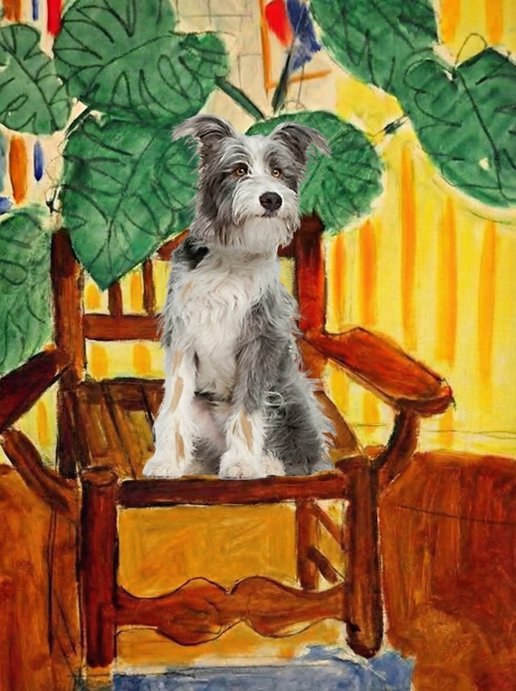 A pet sitting on a brown chair, looking at the viewer. Colors are applied with minimal blending, creating a flat, illustrative feel. The brushwork is broad, rapid, and direct. Strokes are loose, visible, applied thinly, defining the forms quickly without building up significant physical texture or impasto on the surface.