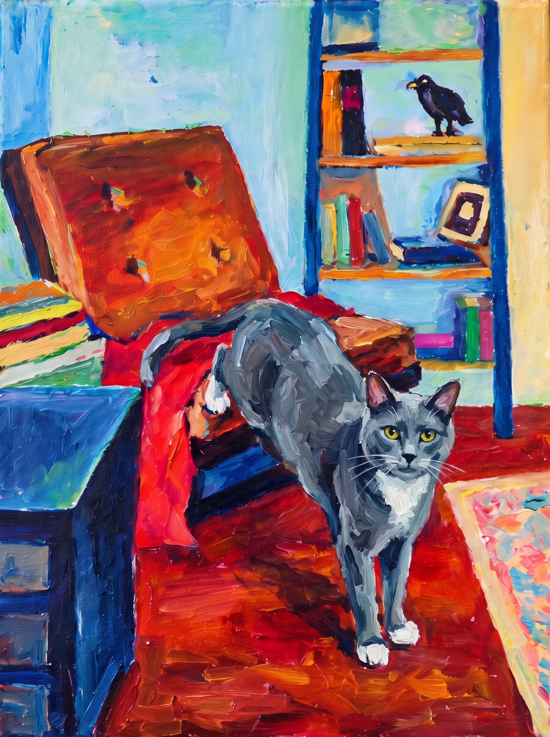 An oil painting in an Impressionist impasto style depicts a warm, cozy indoor space centered around a large, reclined armchair featuring a brown tufted cushion and a vivid red blanket draped across its seat.
Behind the chair stands a rich blue bookshelf adorned with colorful books, a picture frame, and a dark bird figurine perched on the top shelf.
To the left, a matching blue side table holds stacked books, while the room's floor glows in deep mahogany and amber hues alongside a patterned pastel rug.
The vibrant composition is completed by a background of soft turquoise, sky blue, and buttery yellow wall tones, all rendered with thick, visible brushstrokes that lend a lively texture to the scene.
The pet is standing upright on its two front legs, which rest on the dark reddish floor in the foreground. Its rear legs and body are elevated, resting on the seat of the brown reclined armchair, draped over the red blanket.
Paint the pet with the same thick impasto brushstrokes and vivid palette as the rest of the painting.