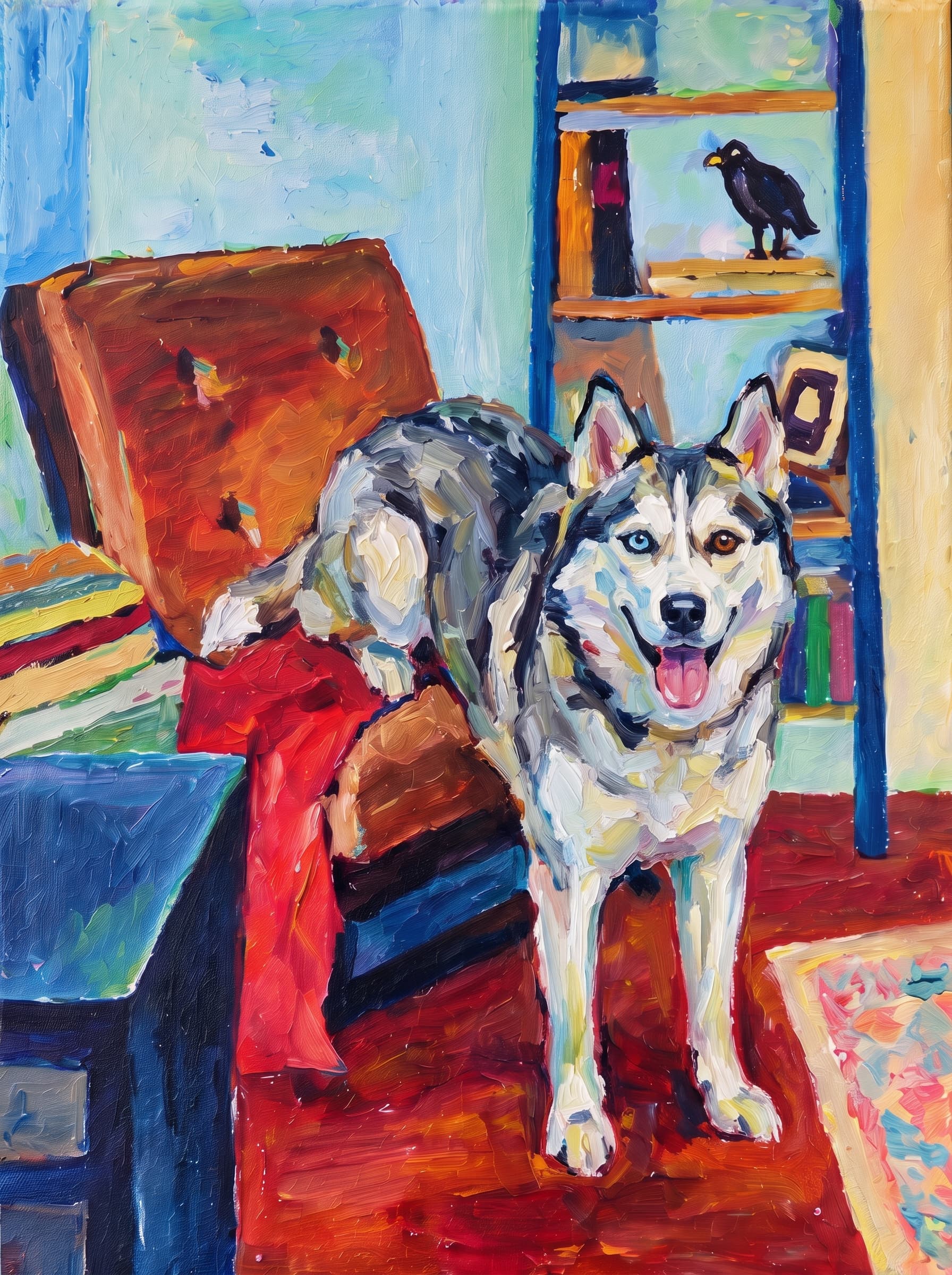 An oil painting in an Impressionist impasto style depicts a warm, cozy indoor space centered around a large, reclined armchair featuring a brown tufted cushion and a vivid red blanket draped across its seat.
Behind the chair stands a rich blue bookshelf adorned with colorful books, a picture frame, and a dark bird figurine perched on the top shelf.
To the left, a matching blue side table holds stacked books, while the room's floor glows in deep mahogany and amber hues alongside a patterned pastel rug.
The vibrant composition is completed by a background of soft turquoise, sky blue, and buttery yellow wall tones, all rendered with thick, visible brushstrokes that lend a lively texture to the scene.
The pet is standing upright on its two front legs, which rest on the dark reddish floor in the foreground. Its rear legs and body are elevated, resting on the seat of the brown reclined armchair, draped over the red blanket.
Paint the pet with the same thick impasto brushstrokes and vivid palette as the rest of the painting.