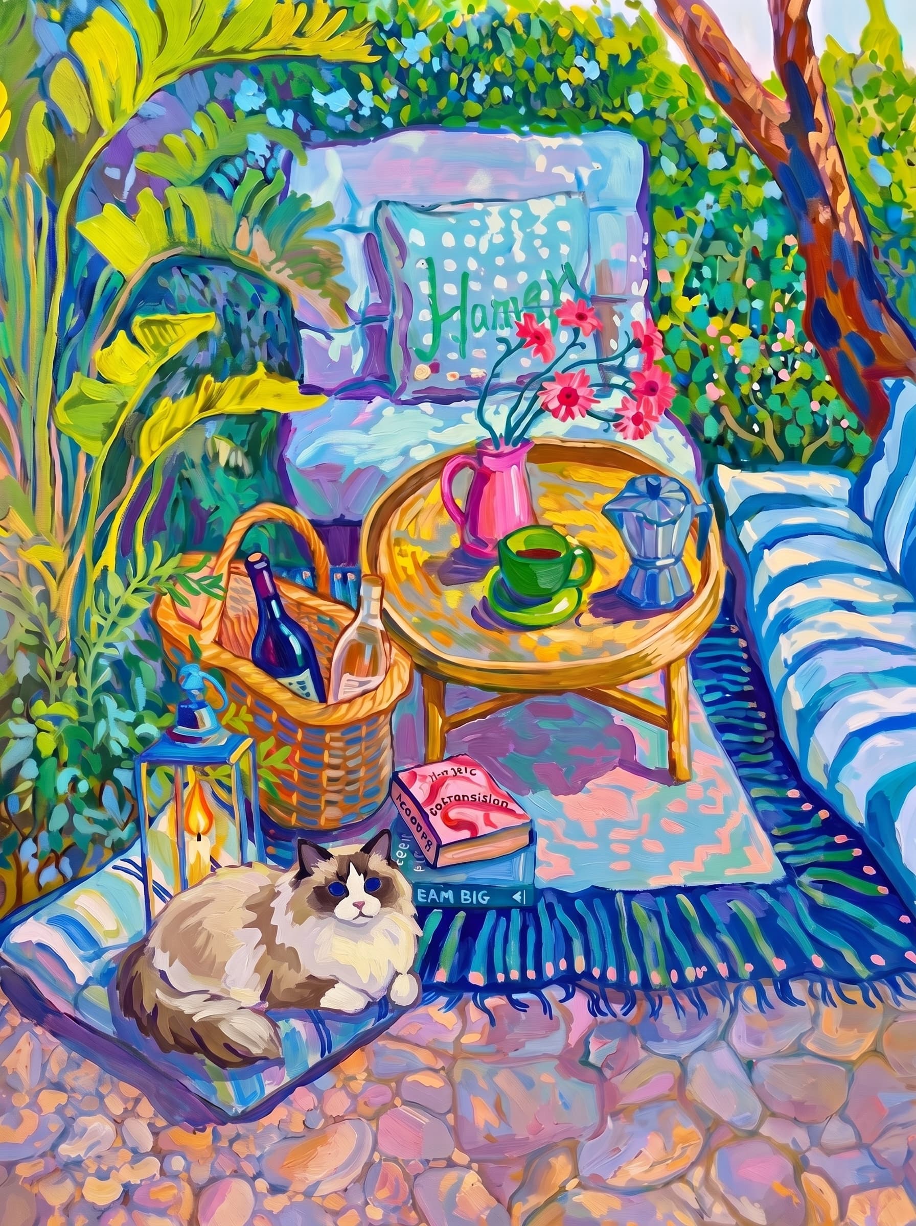 a cozy garden patio filled with lush tropical greenery, blue-and-white striped cushions, a round rattan table, picnic basket, lantern, books, flowers.
The pet is lazily resting in the foreground, almost fall asleep with a relaxed and content expression.
The composition feels intimate and inviting, with foliage and a tree trunk framing the scene, the circular table anchoring the center, and expressive brushwork plus dappled light creating a lively, relaxed outdoor atmosphere.
Art Style: Paint in Fauvism, post-impressionism style. Use simplified shapes, exaggerates color, and flattens perspective to create charm and personality.
Use saturated, non-naturalistic colors and flattened perspective reminiscent of Henri Matisse.
The brushwork is loose, visible, and painterly, with uneven strokes that give the surface texture and movement.
Paint with large areas of flat color patches, simplified shapes, bold decorative outlines, and minimal blending.
The composition is flattened and slightly distorted, with compressed perspective.
The painting is expressive, utilizing thick, confident strokes and quick, rhythmic marks that prioritize texture and visual energy over realistic blending or depth.